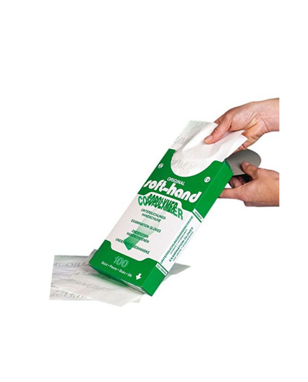 DocMed Einweghandschuhe Soft-Hand Copolymer - unsteril (Pflegehandschuhe, 100-St., Unsteril Untersuchungshandschuhe, Flexibel und komfortabel) Praktische Verpackung:, Leichtes Anziehen