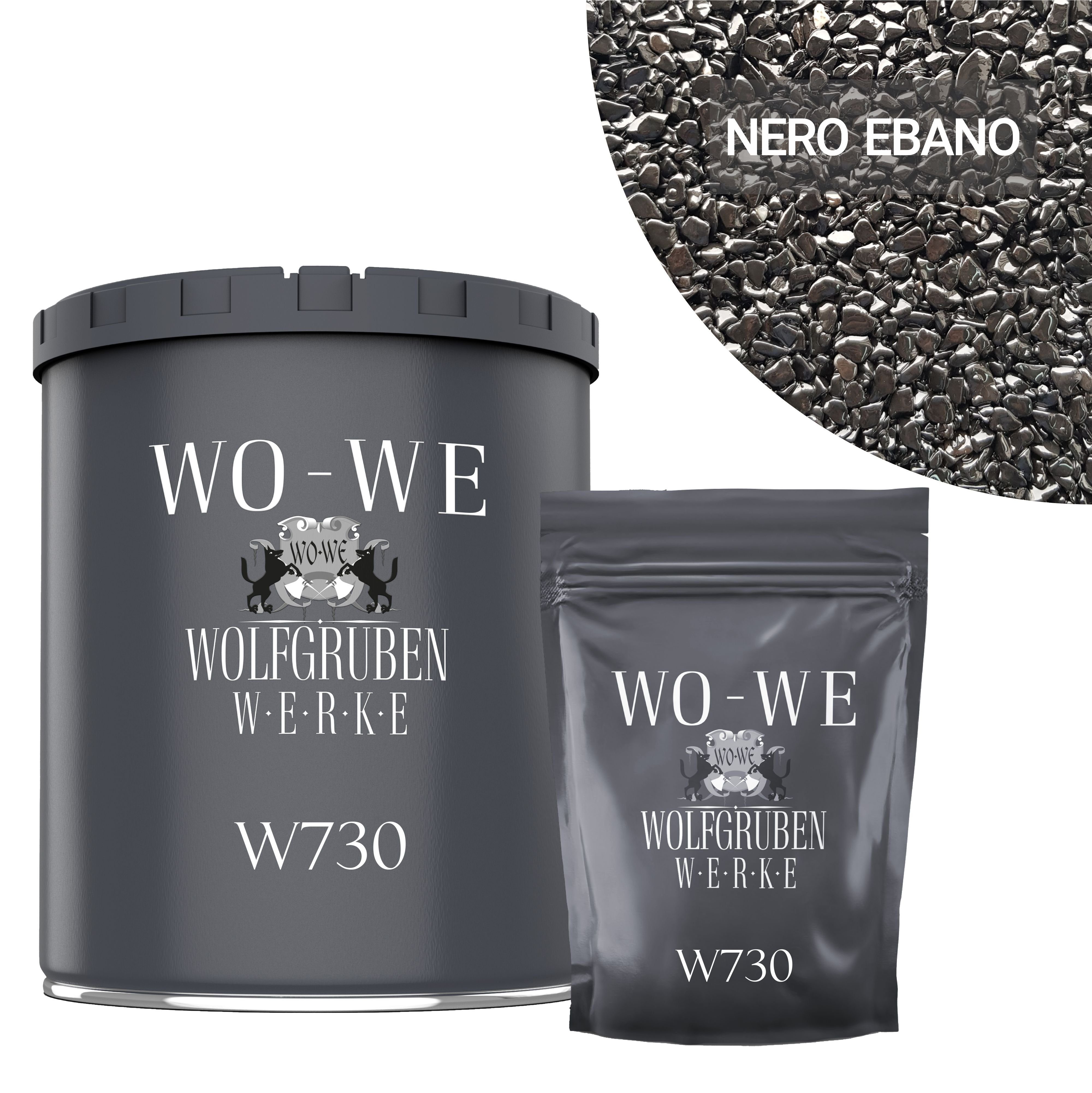 WO-WE Korngröße 1-4mm Bodenfliese Steinteppich Set Marmorkies Bodenbeschichtung W730 2qm, Schwarz - Nero Ebano, Set, 25KG Marmorkies + 1,5KG 2k Bindemittel