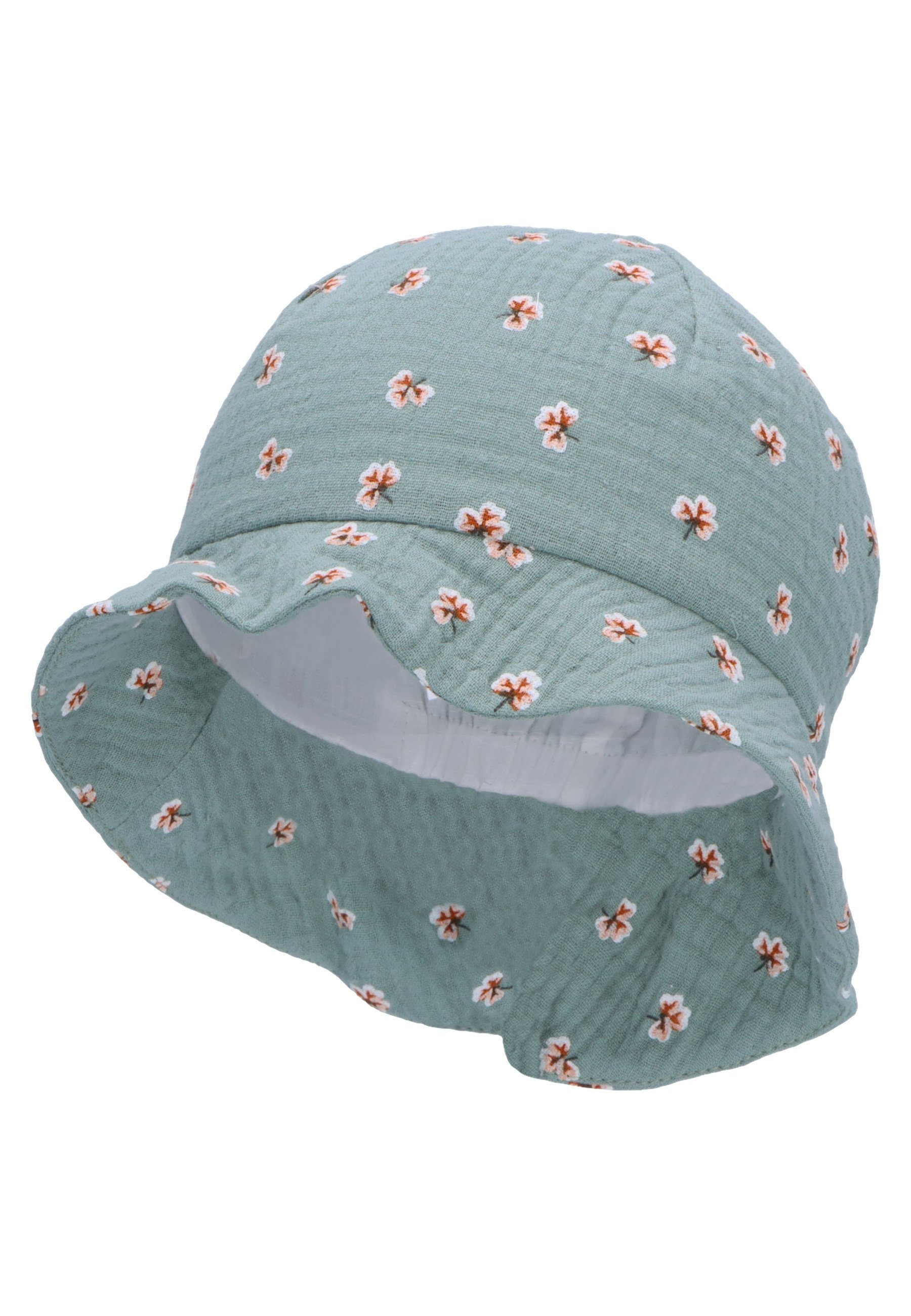 Sterntaler® Schirmmütze Sonnenhut Blumen (1-St., Sommerhut Baby bedruckt mit süßen Motiven) Kinderhut aus Baumwolle mit Nackenschutz und Bindeband dunkelgrün