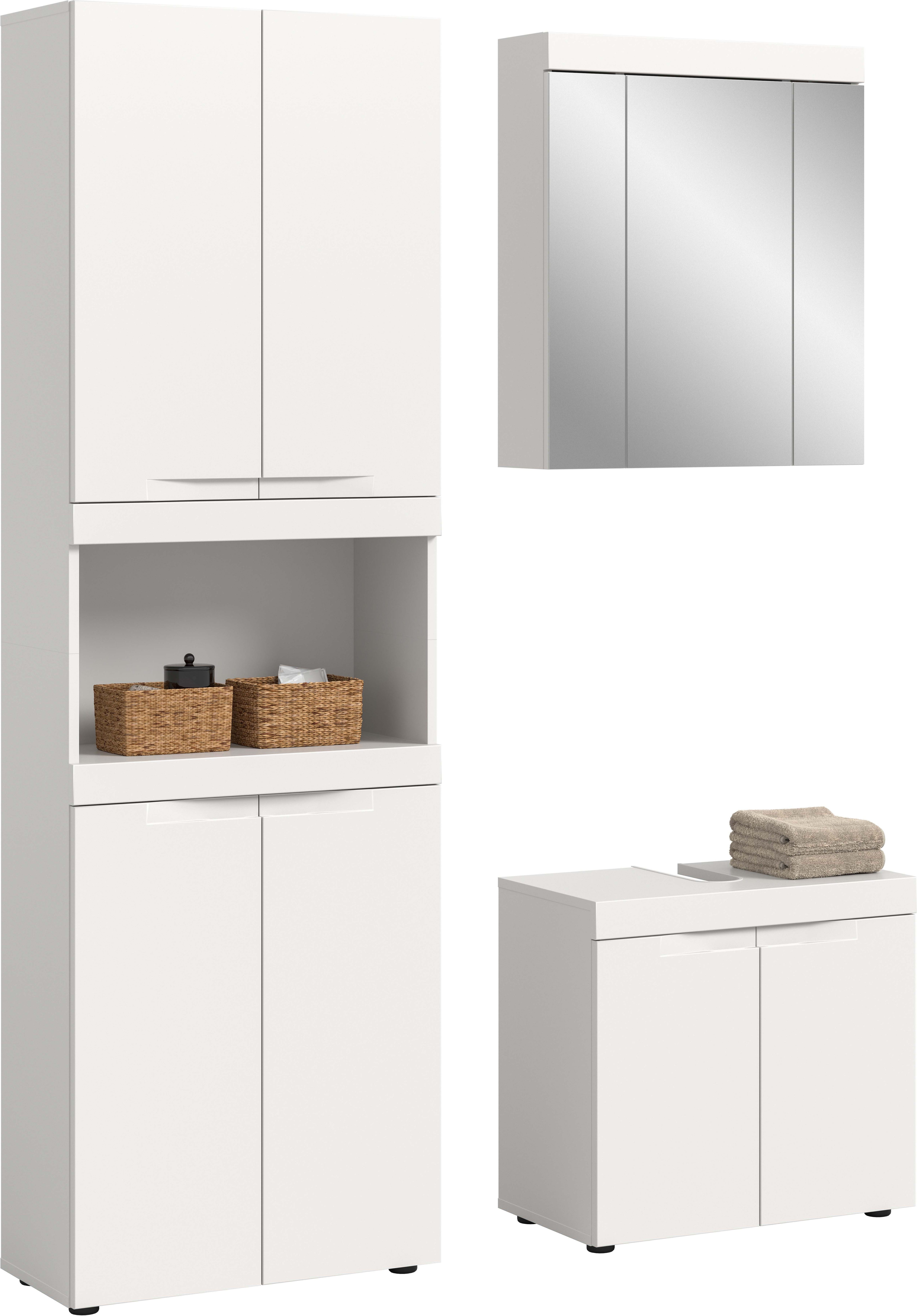 OTTO home Badmöbel-Set MAOI, 3-tlg. Badkombi, hochwertige MDF Front, optional mit Beleuchtung, (Hochschrank, Waschbeckenunterschrank & Spiegelschrank (Bel. optional), Bad-Kombination, Bad-Möbel, Badezimmer, Kombination, Kombi