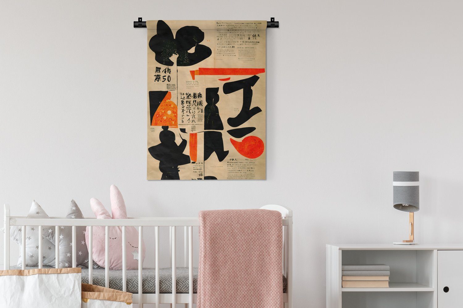 Vintage Vintage Schlafzimmer der - MuchoWow Wanddekoobjekt - Schwarz Wand, Deko - Rot Tapisserie, für an Japanisch, - Wohnzimmer,