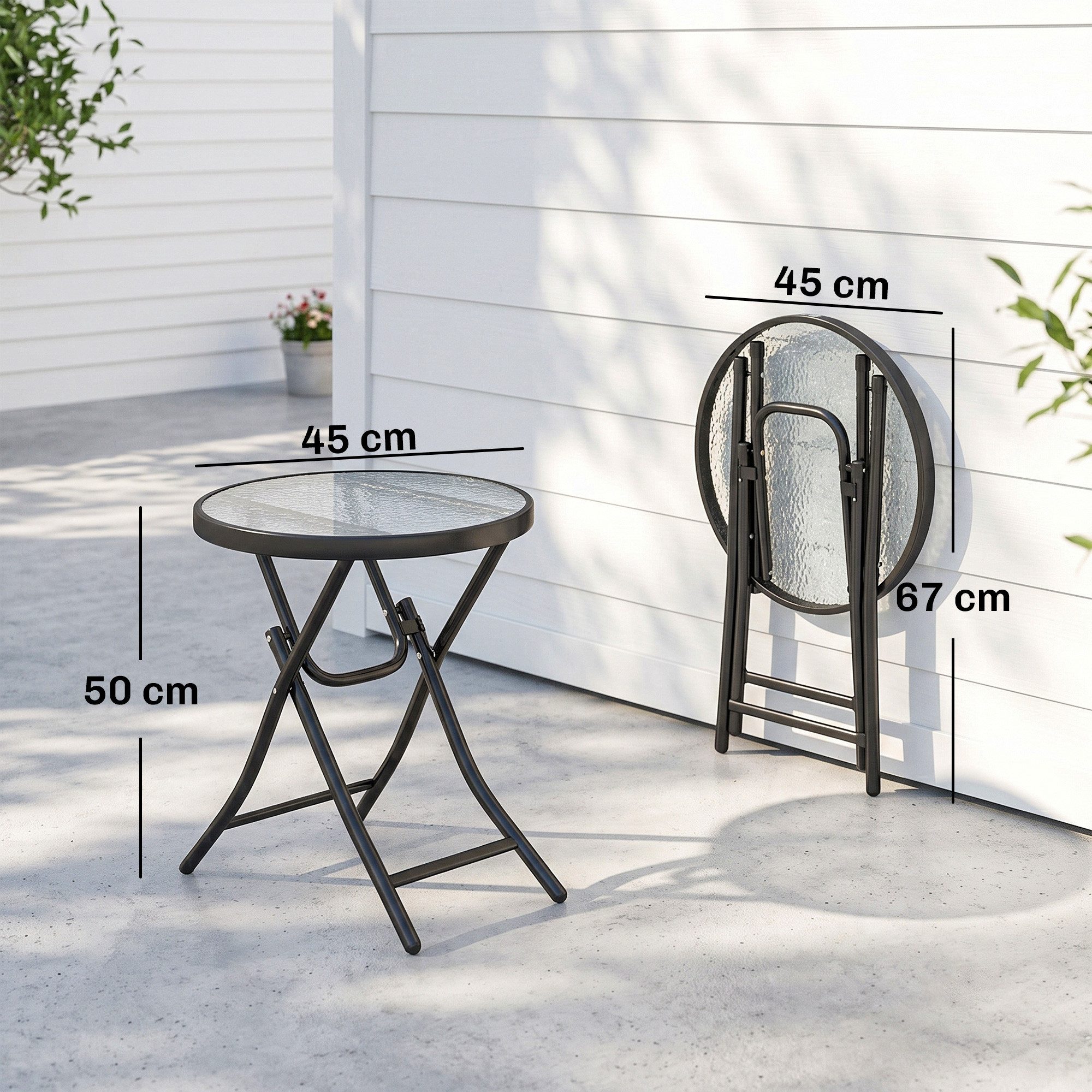 Outsunny Beistelltisch Gartentisch klappbar, Wetterfest Balkontisch aus Metall (Beistelltisch, 1-St., Bistrotisch mit Glasplatte), Ø45 schwarz