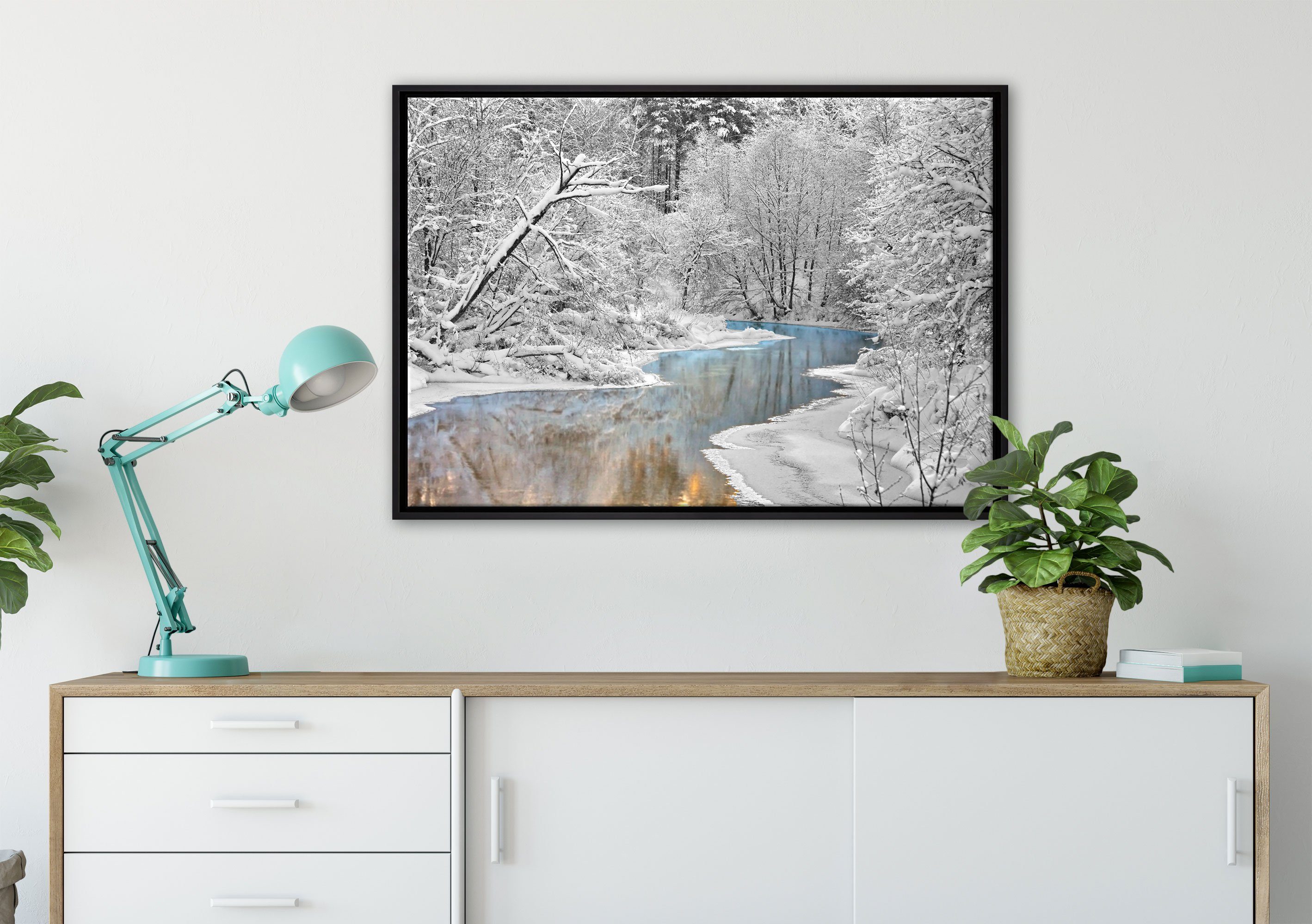 Atemberaubende Leinwandbild (1 Zackenaufhänger einem bespannt, fertig inkl. Schattenfugen-Bilderrahmen St), Wanddekoration gefasst, Pixxprint Winterlandschaft, in Leinwandbild