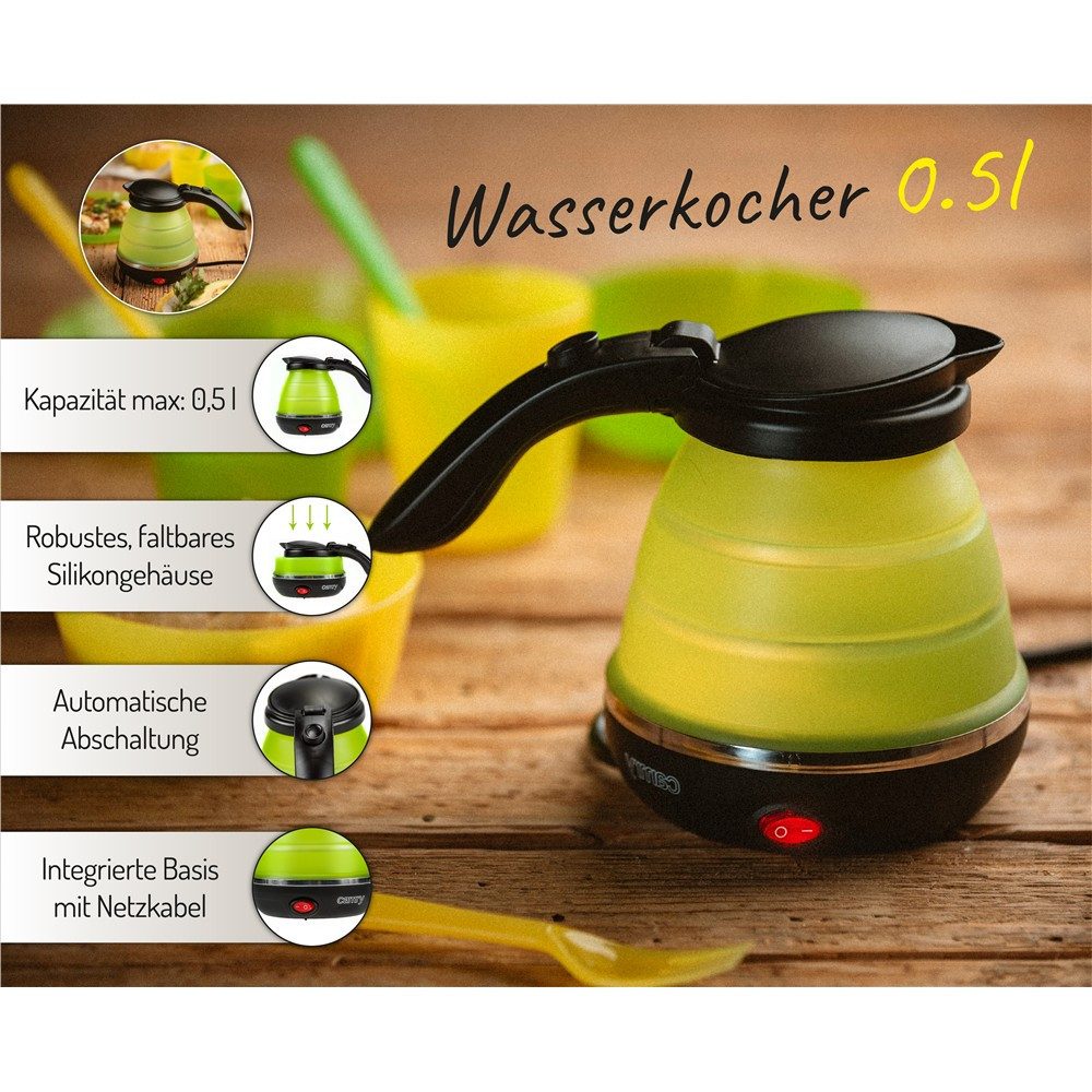 Camry Reise-Wasserkocher CR 1265 kompakter faltbarer Silikon-Wasserkocher, BPA-frei, 0,6 l, 750 W, Reisewasserkocher für Camping, Hotel, Wohnmobil, Reise, grün