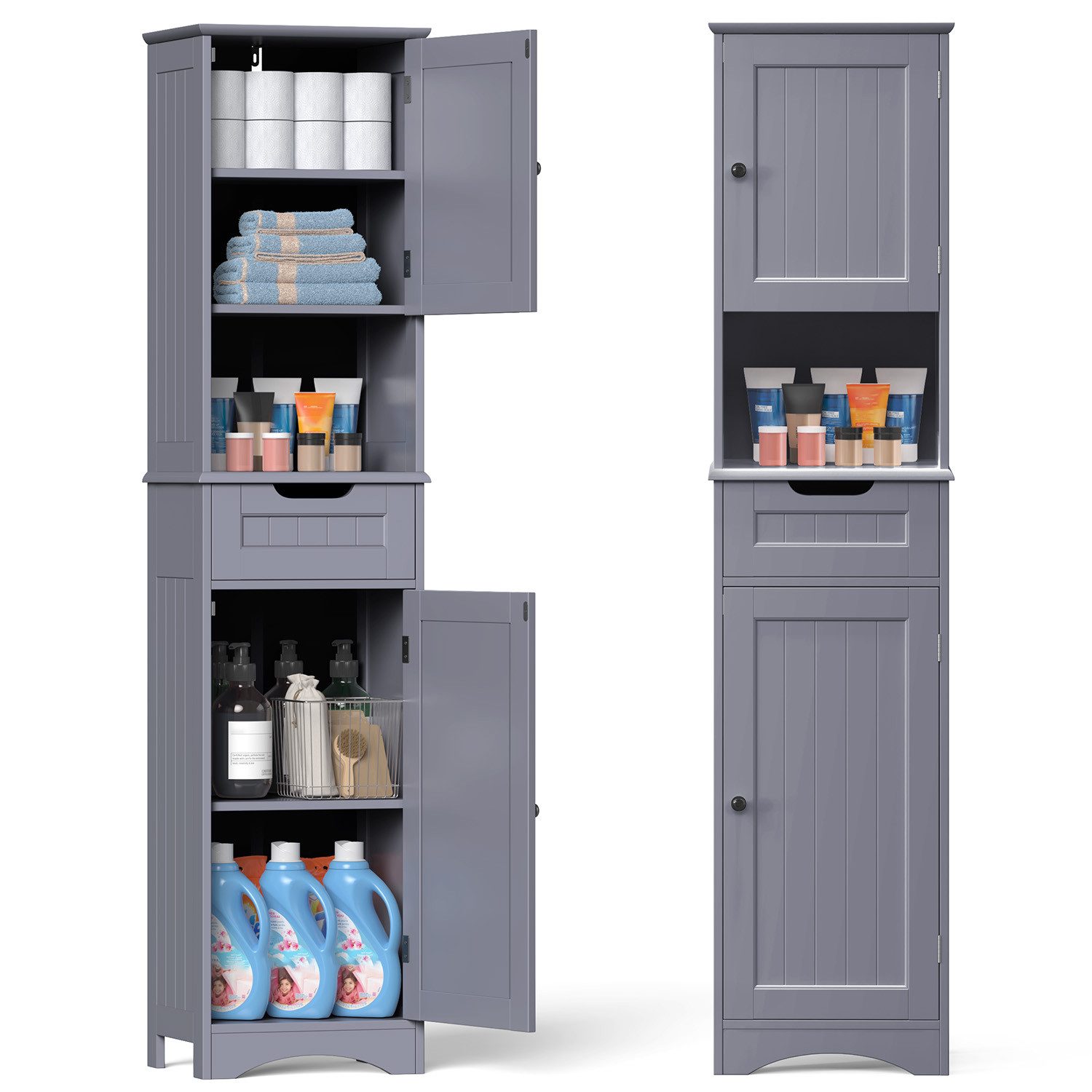 Blishom Hochschrank Badezimmerschrank Hochschrank, Schmaler Badschrank 170cm mit Schublade, Verstellbare Regale, Freistehend