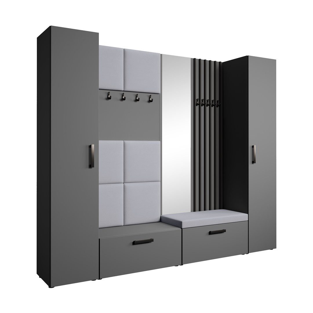 Beautysofa Garderobenschrank mit gepolsterten Paneelen und Spiegel MARGARET XL (zwei praktische Schuhschränke und zwei komfortable Kleiderschränke mit Kleiderstangen) mit dekorative Lamellen und praktischen Kleiderhaken