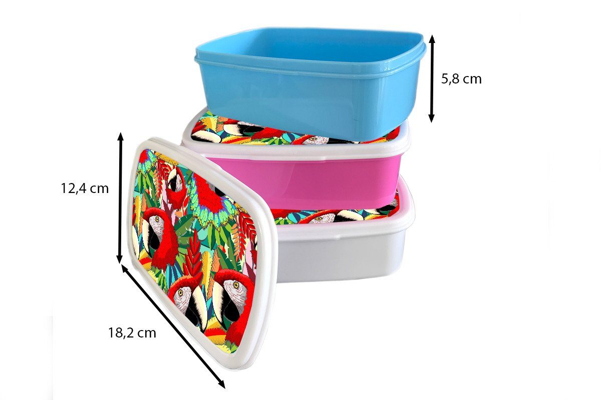 MuchoWow Lunchbox - für - Dschungel Brotdose, Mädchen Brotbox und (2-tlg), Erwachsene, und Vögel für Kinder weiß Kunststoff, Design, Jungs - Papagei