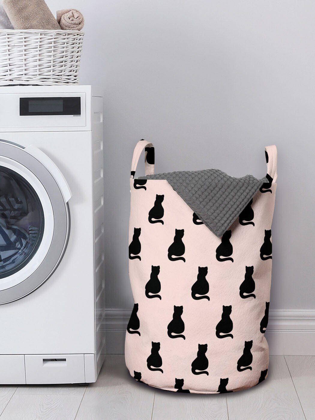 Wäschesäckchen Silhouetten Griffen Abakuhaus für Rosa Katze Schwarze Waschsalons, auf Wäschekorb Kordelzugverschluss mit