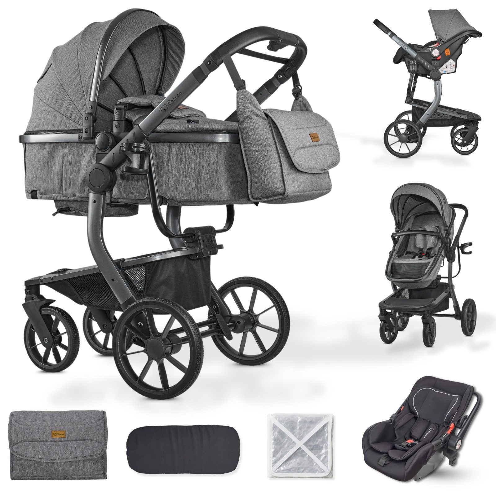 Bronea Kombi-Kinderwagen UNICO Design-Kinderwagen 3-in-1 mit MATRATZE, BUGGY & AUTO-BABYSCHALE, EINHAND-FALTSYSTEM, Wickeltasche,Regen- & Mücken- & Sonnenschutz