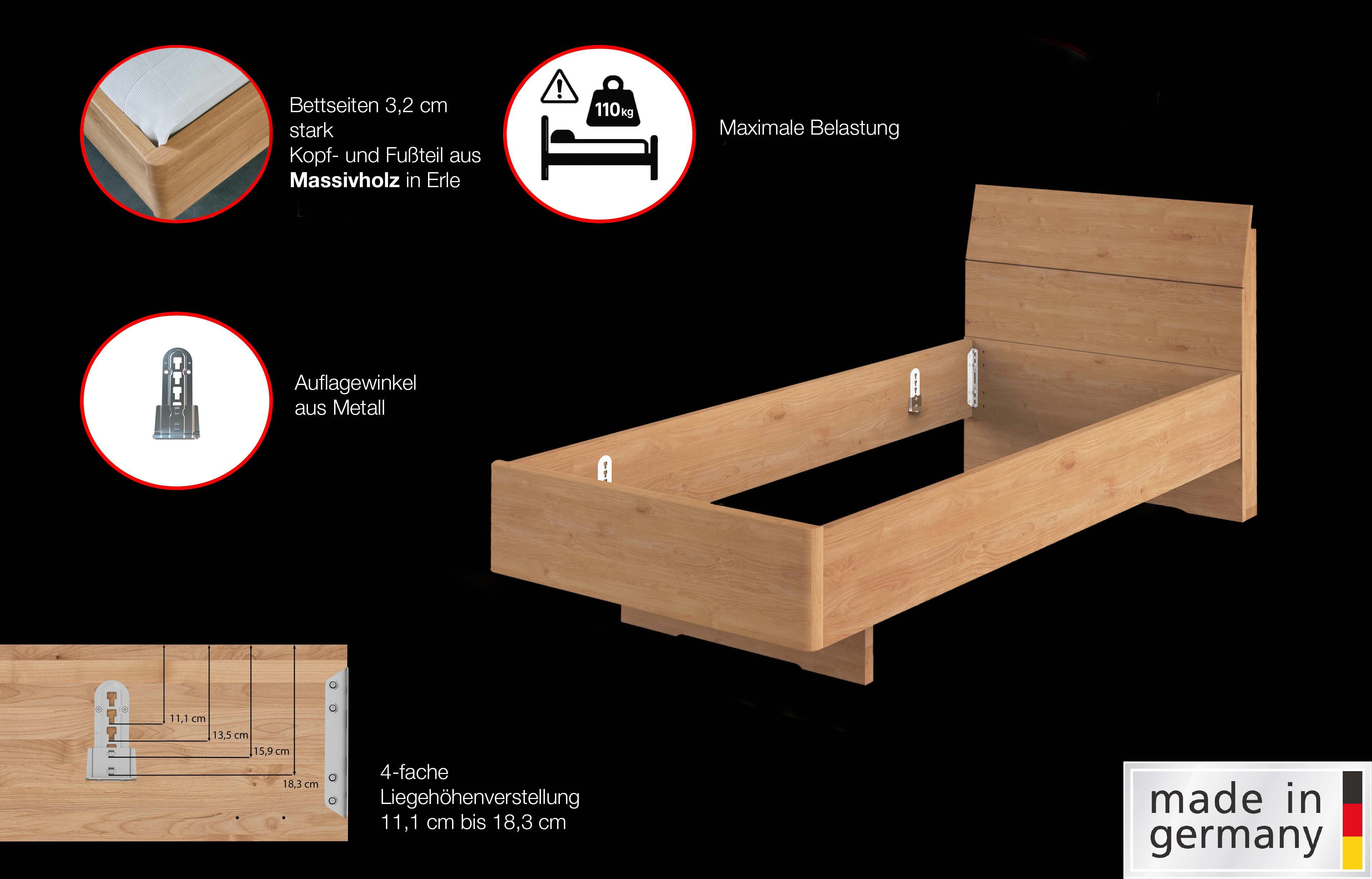 WIEMANN Holzbett Cardiff, Bettgestell, Bettrahmen, teilmassiv Erle (Belastbarkeit 110/220 Kg, 4-fache höhenverstellbar, MADE IN GERMANY), Kopf- und Fußteil aus Massivholz in Erle, verschiedene Größen