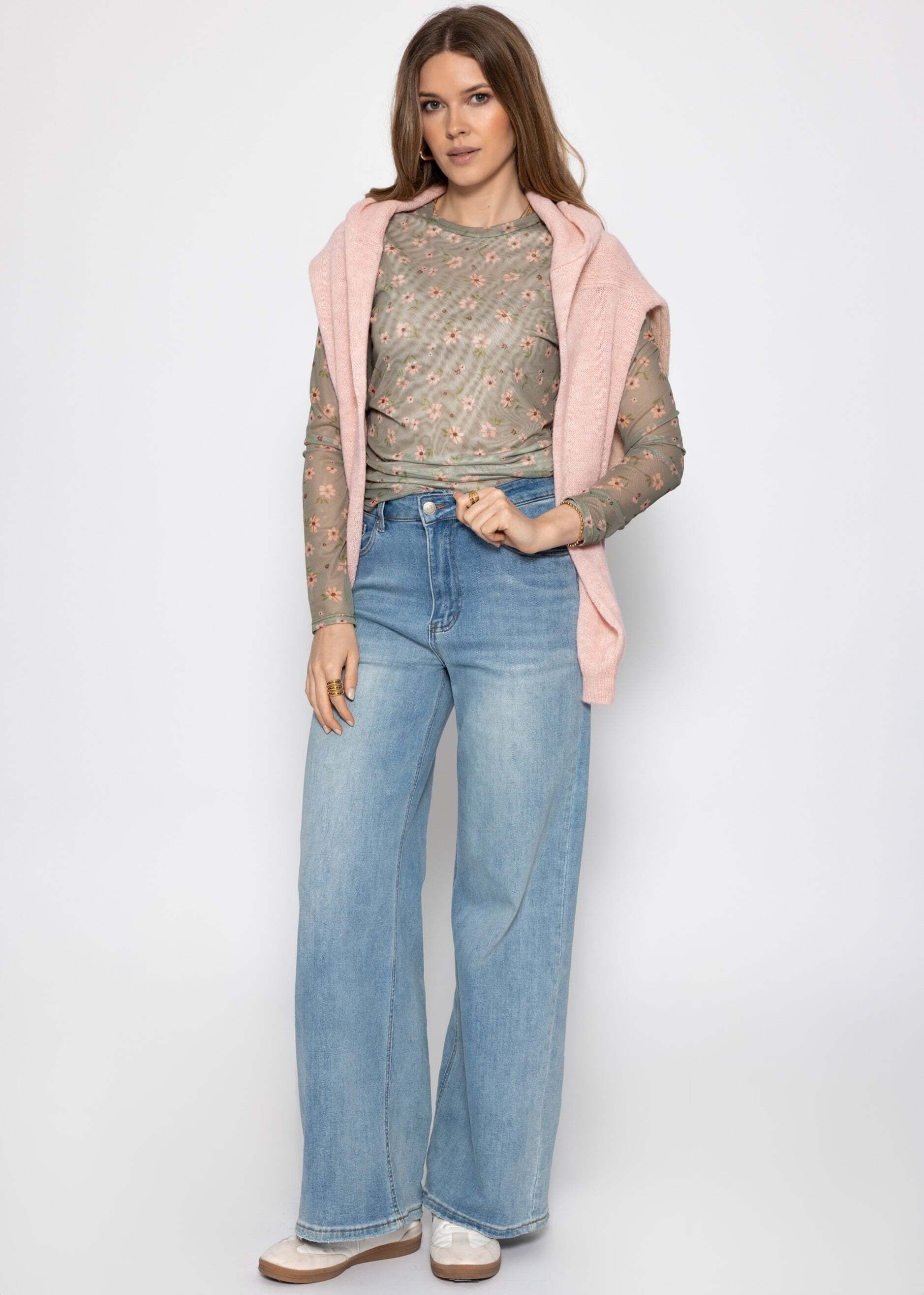 SASSYCLASSY Langarmshirt Mesh Langarmshirt mit Blumen-Print für Damen Vespieltes Shirt mit gefütterter Vorderseite und Rundhalsausschnitt – Bild 5 von 5