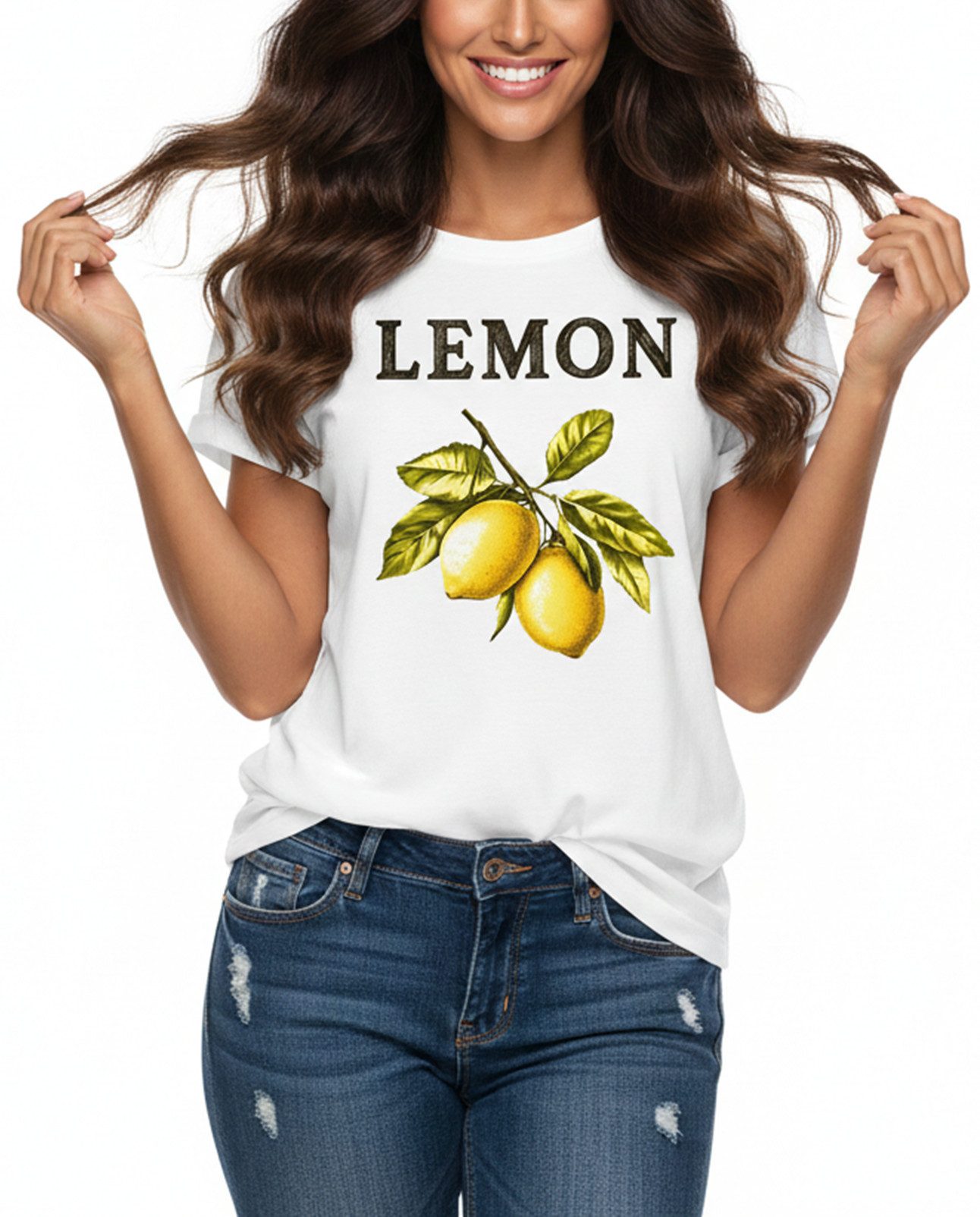 MAKAYA Print-Shirt Damen Zitrone Lemon Motiv Zitronengelb Modisch Elegant Basic Top (Weiß, S, M, L, XL) mit Audruck