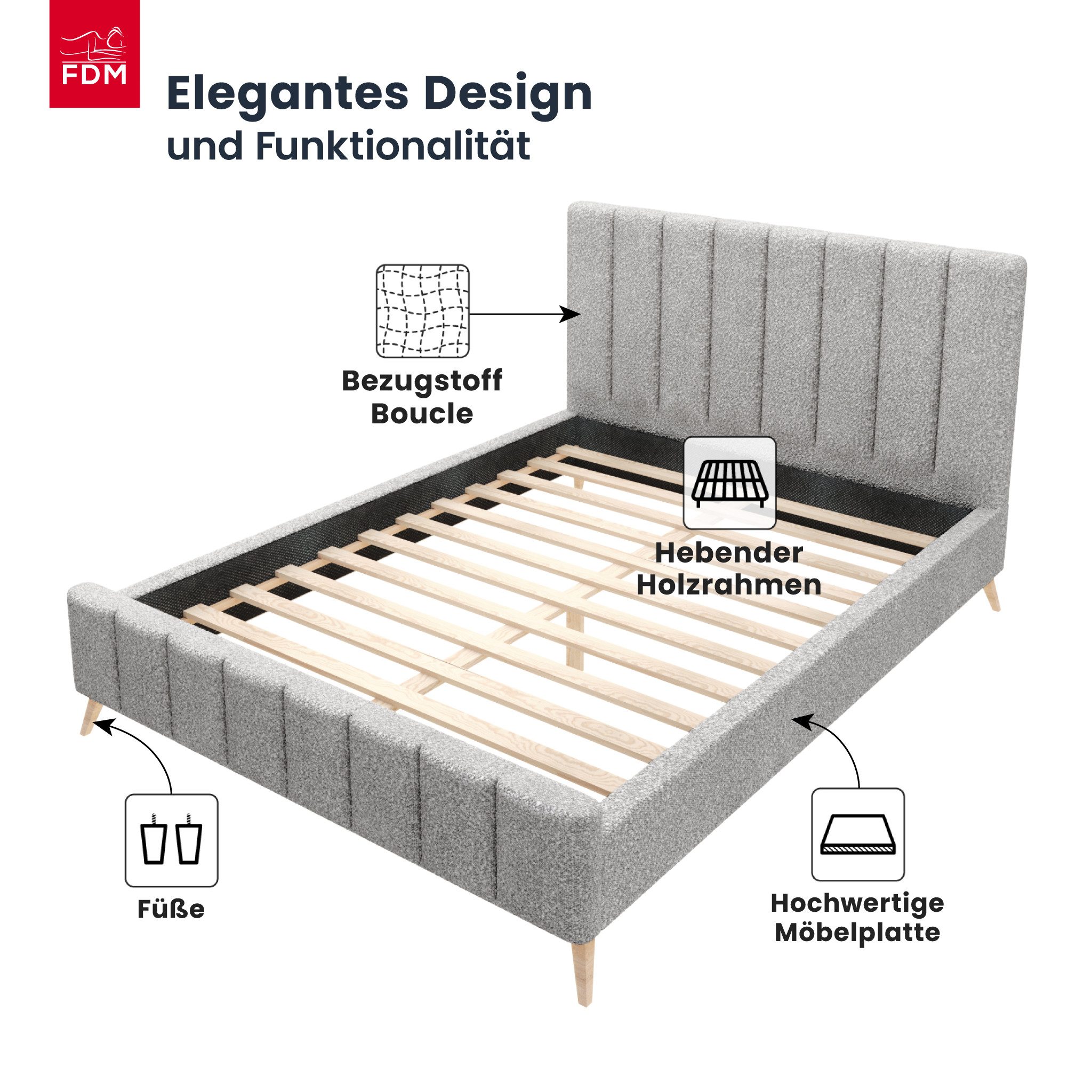 FDM Polsterbett FELICE modern mit Bettkasten MADE IN EU - mit Boucle Stoff (verfügbar 120x200 140x200 160x200 180x200cm, Bettrahmen, Bett, mit großen gepolsterten Kopfteil, Lattenrost aus Holz), Lattenrost aus Holz