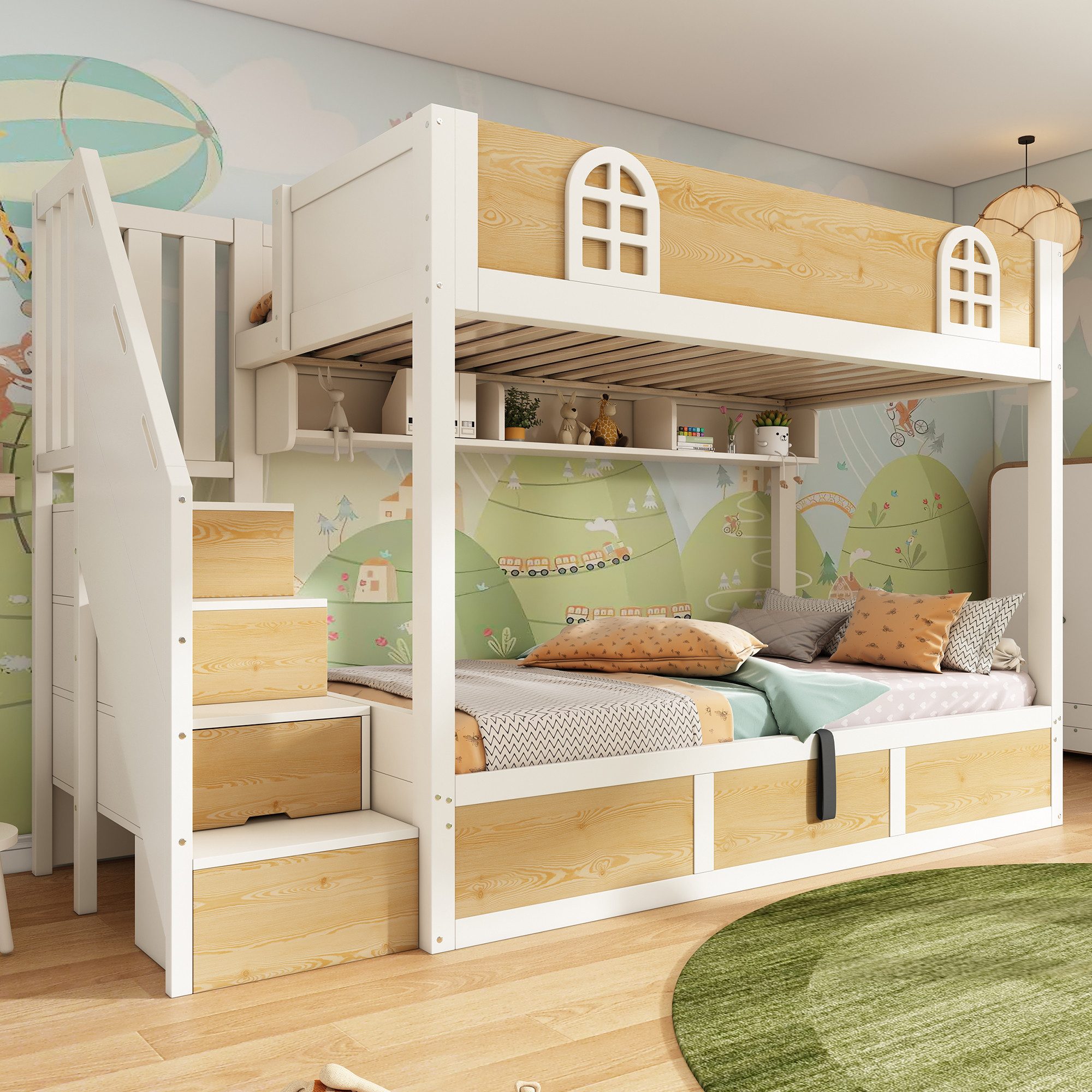 MODFU Hochbett Sicheres Etagenbett mit Rausfallschutz & Treppenschrank (1-S günstig online kaufen
