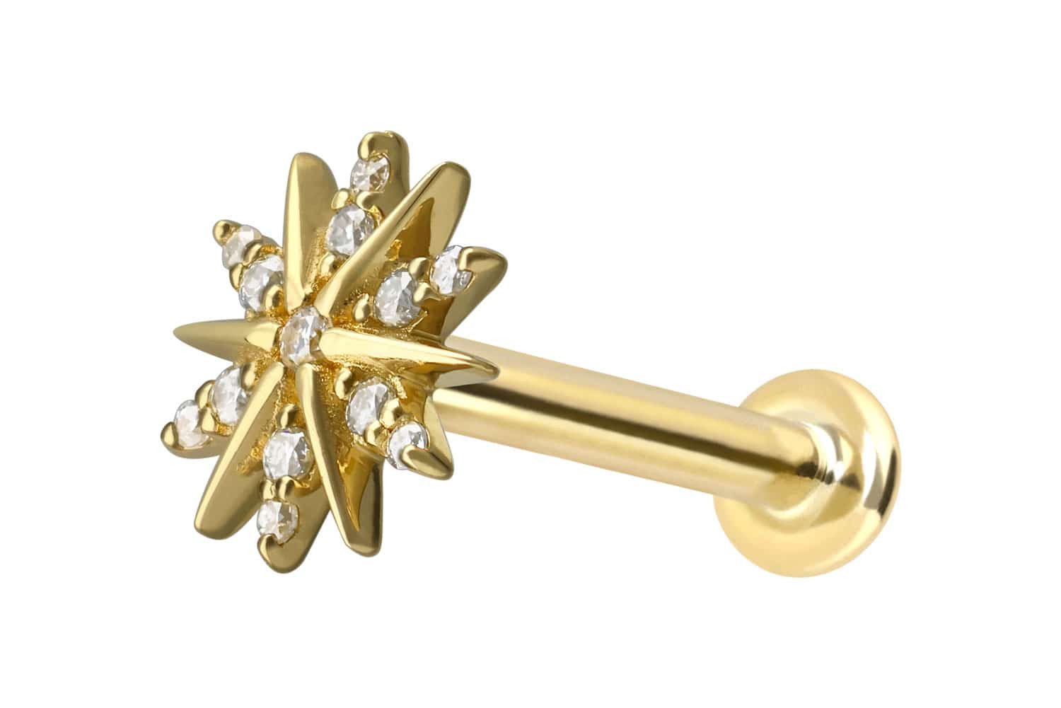 PIERCINGLINE Piercing-Set 14 Karat Gold Labret mit Innengewinde MOISSANIT-BLUME (Labrets, 1-tlg)