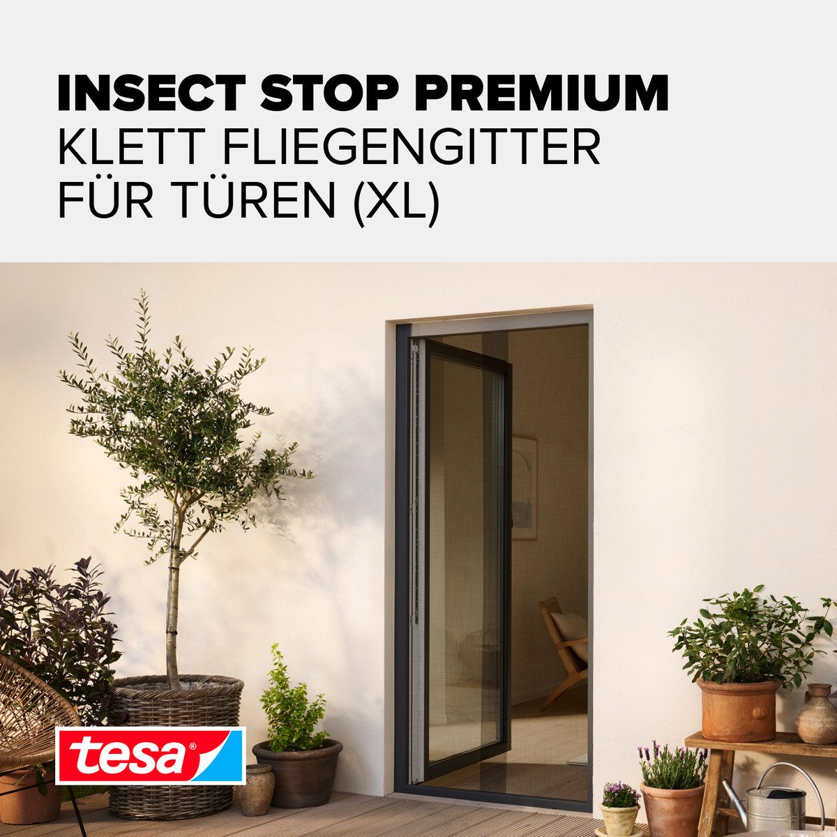 tesa Insektenschutz-Tür Klett Fliegengitter Premium für Türen - ohne Bohren, (Packung, 1-St., Fliegennetz, Klettband), selbstklebende Insektenschutz - (2 x 65cm)120cm x 250cm