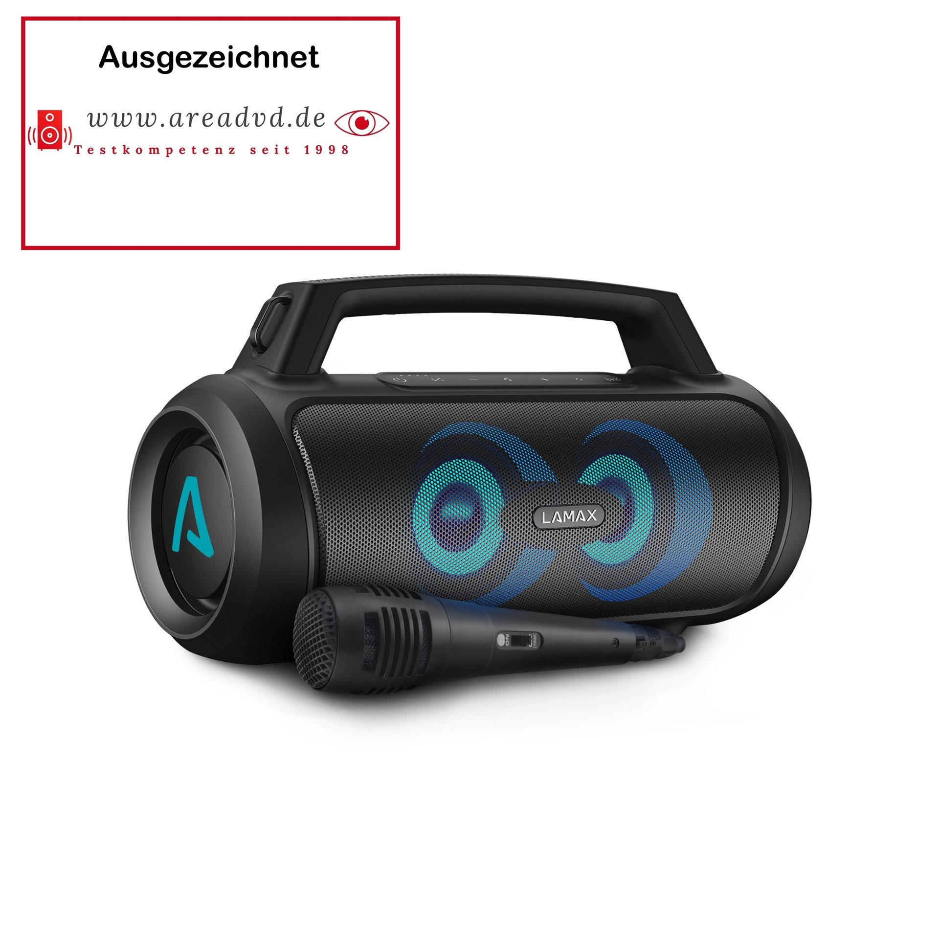 LAMAX PartyGo1, tragbarer Party-Lautsprecher (Bluetooth 5.3, 100 W, Mikrofon, LED-Lichte, 20 Stunden Ausdauer)