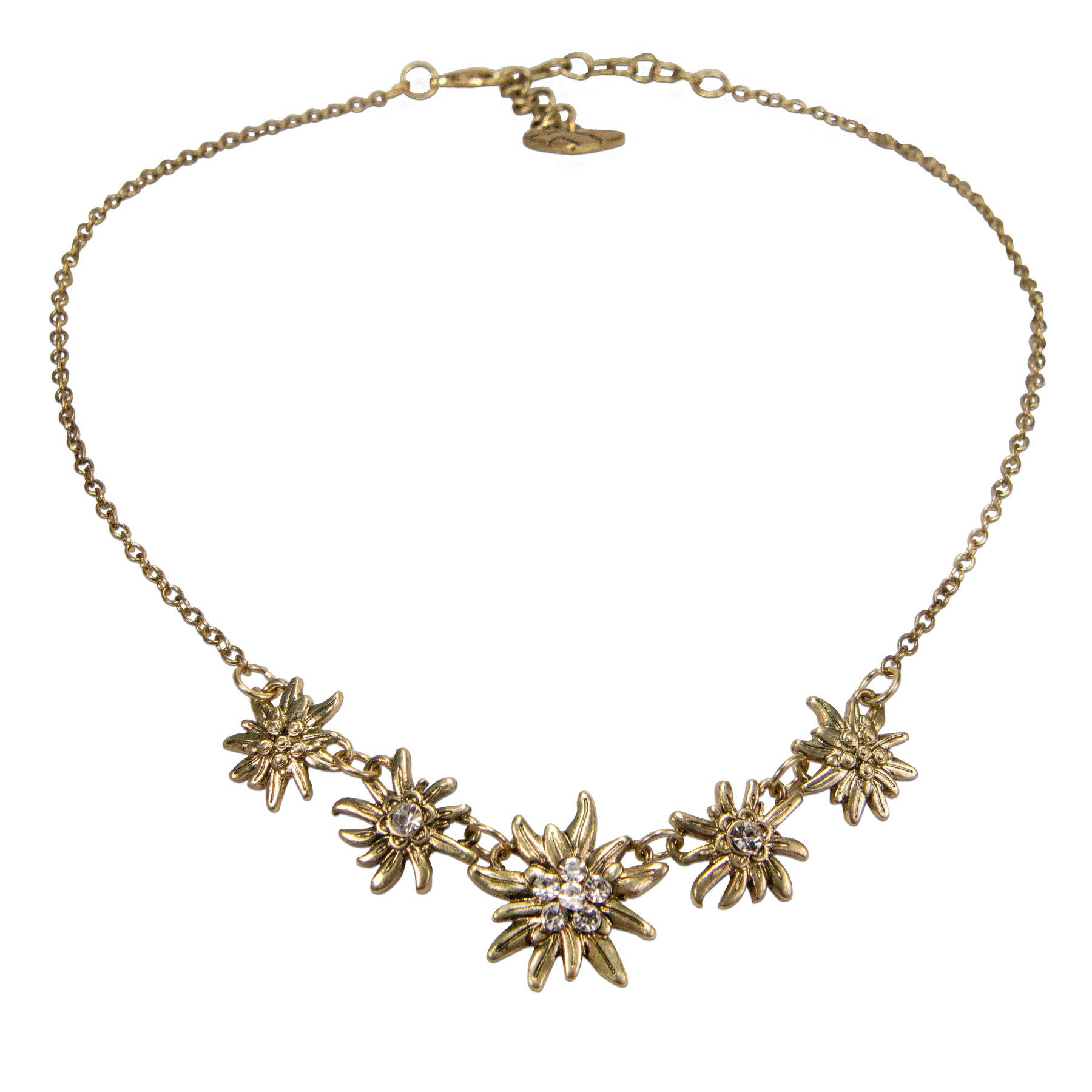 Alpenflüstern Collier Trachten-Halskette Edelweiß- Symphonie (antik-gold-farben), - Damen-Trachtenschmuck, Dirndlkette, Trachtenkette