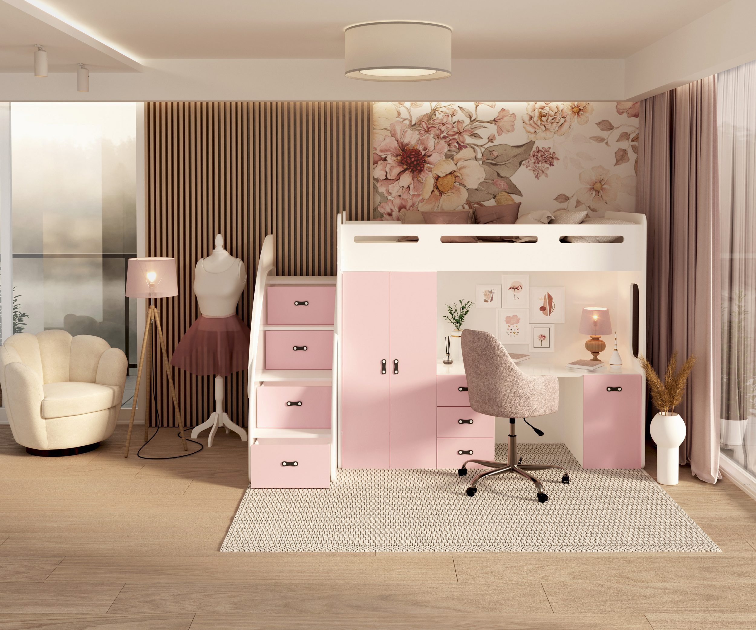 AJKmeble Hochbett Etagenbett 80x200cm mit Treppe, Schrank und Schreibtisch Hochglanz (MADE IN EU - wählbar in Farben weiß, blau, grün, rosa oder grau, für Jungen und Mädchen, Jugendbett) Kleiderschrank, Kinderzimmer, 3 in 1, 180cm x 130cm x 259cm