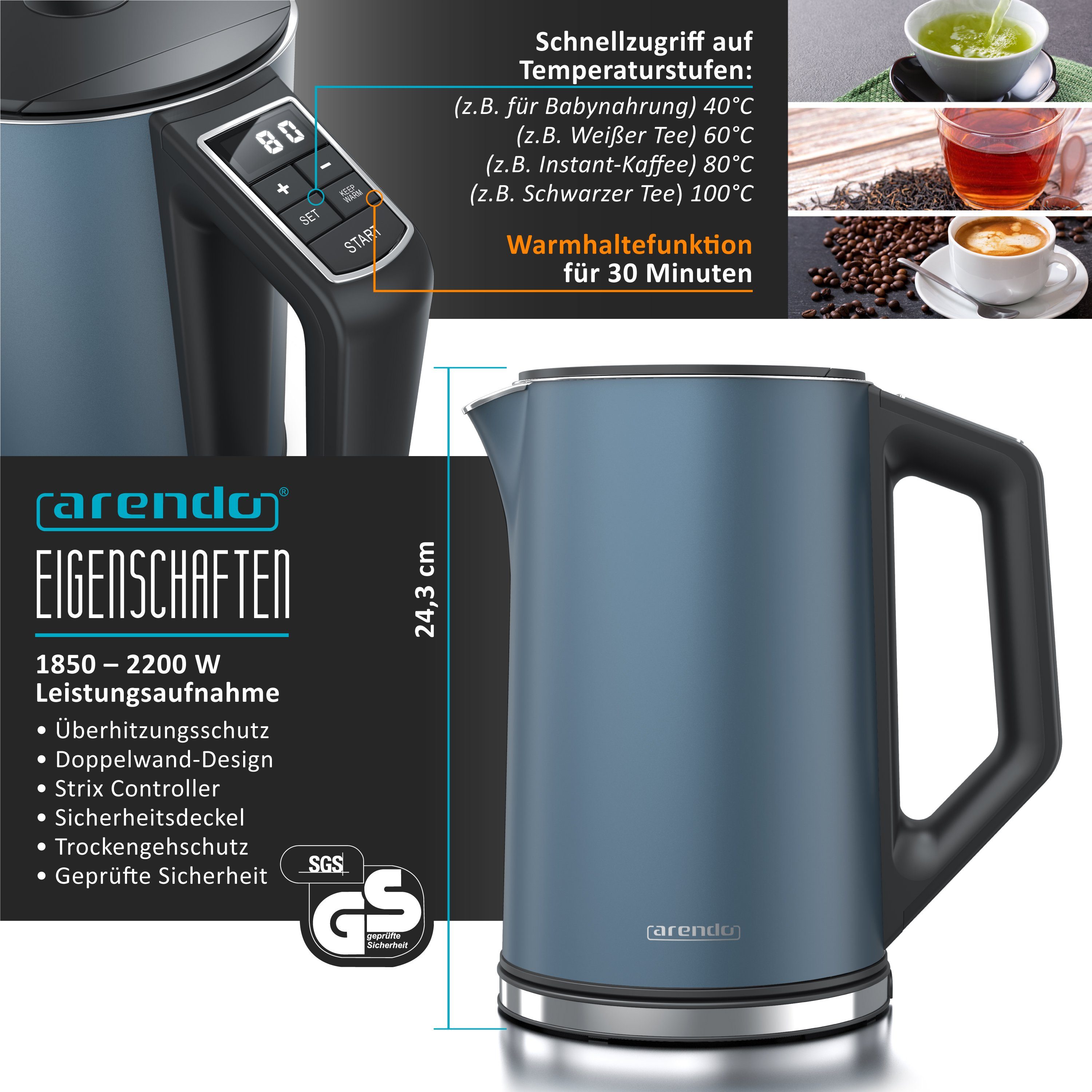 Arendo Frühstücks-Set (2-tlg), Edelstahl Wasserkocher 1,5l, 4-Scheiben Langschlitz Toaster, Blau Matt