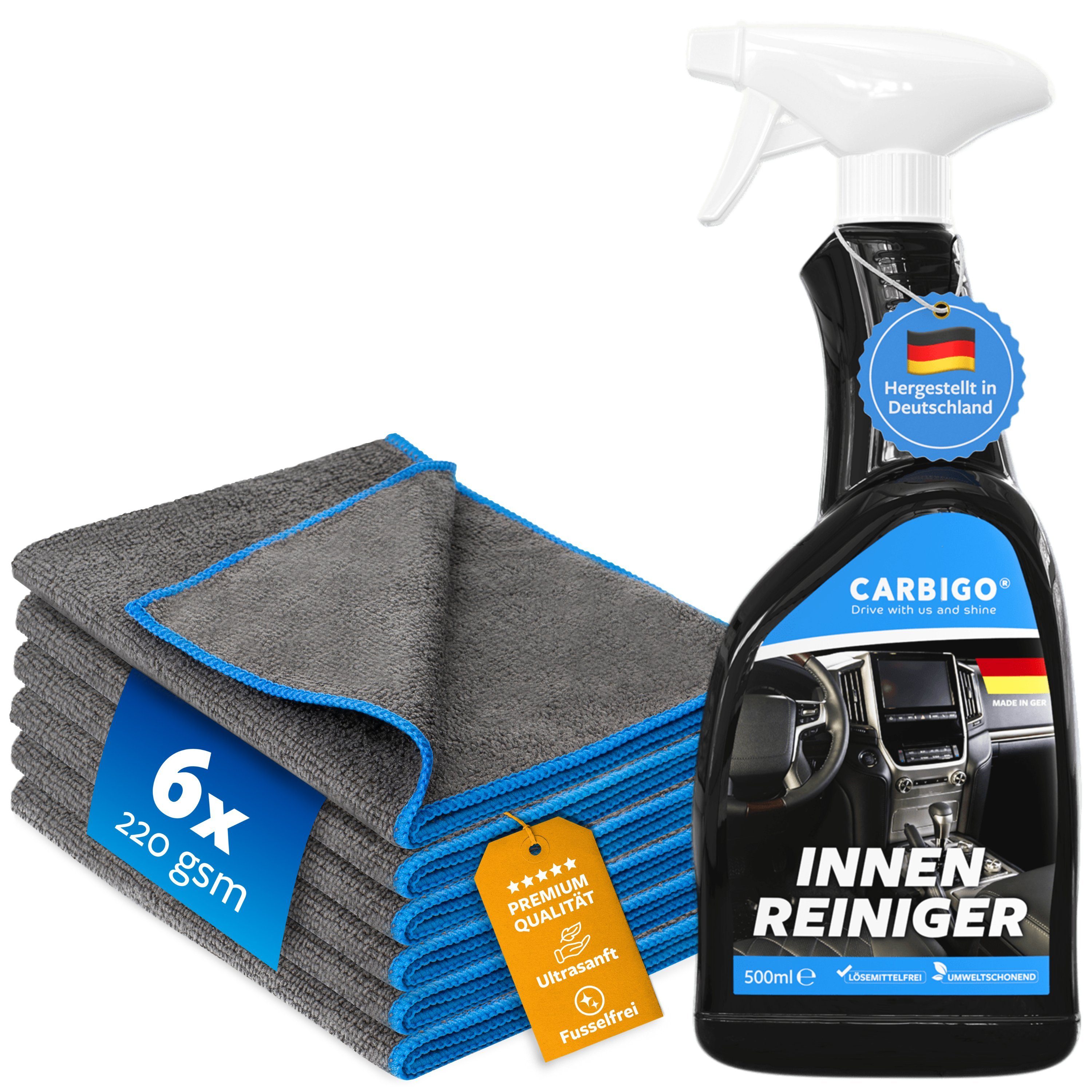 CARBIGO Innenraum Bundle, 6x 220 GSM Microfasertücher, 1x Innenraumreiniger Auto-Reinigungsmittel (2-St)