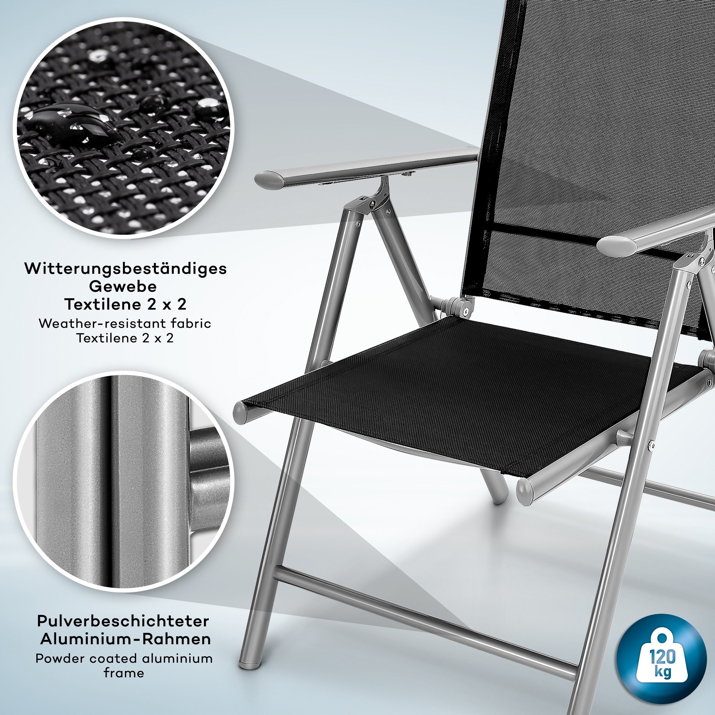 tillvex Gartenstuhl Hochlehner klappbar aus Aluminium Gartenstühle Alu mit Armlehnen (Klappstuhl verstellbar & wetterfest), Lehne 7-Fach verstellbar Balkon Garten Terrasse