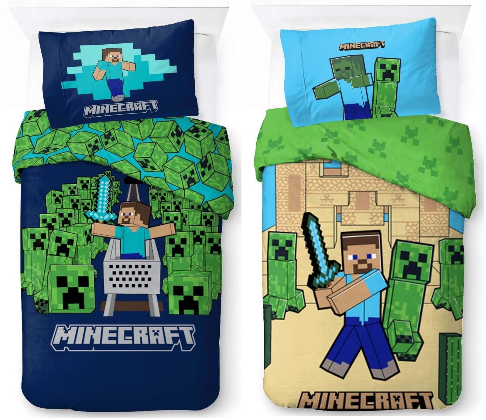 BrandMac Bettwäsche Minecraft - 2 x Wende-Bettwäsche-Set im Doppelpack, 135x200 & 80x80, Baumwolle, 100% Baumwolle