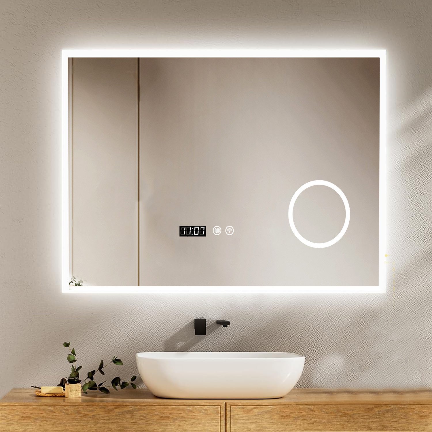 oyajia Badspiegel mit Beleuchtung LED Wandspiegel Antibeschlag Badspiegel 3X Spiegel, 3 Lichtfarben Dimmbare mit Touch-Steuerung, IP44, Memory Funktion, Uhr
