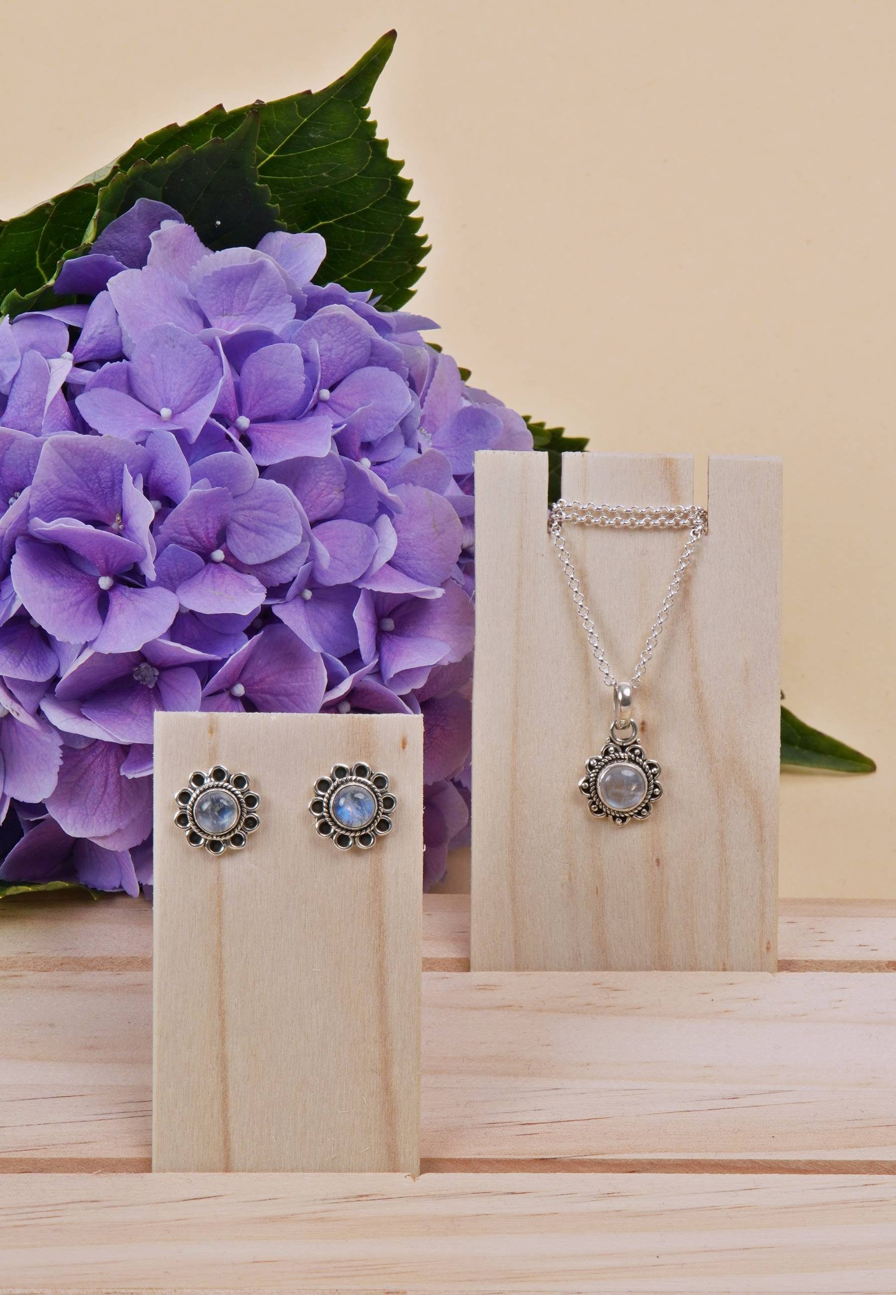 mantraroma Schmuckset 925er Silber mit Regenbogen Mondstein (Schmuckset aus 925 Silber)