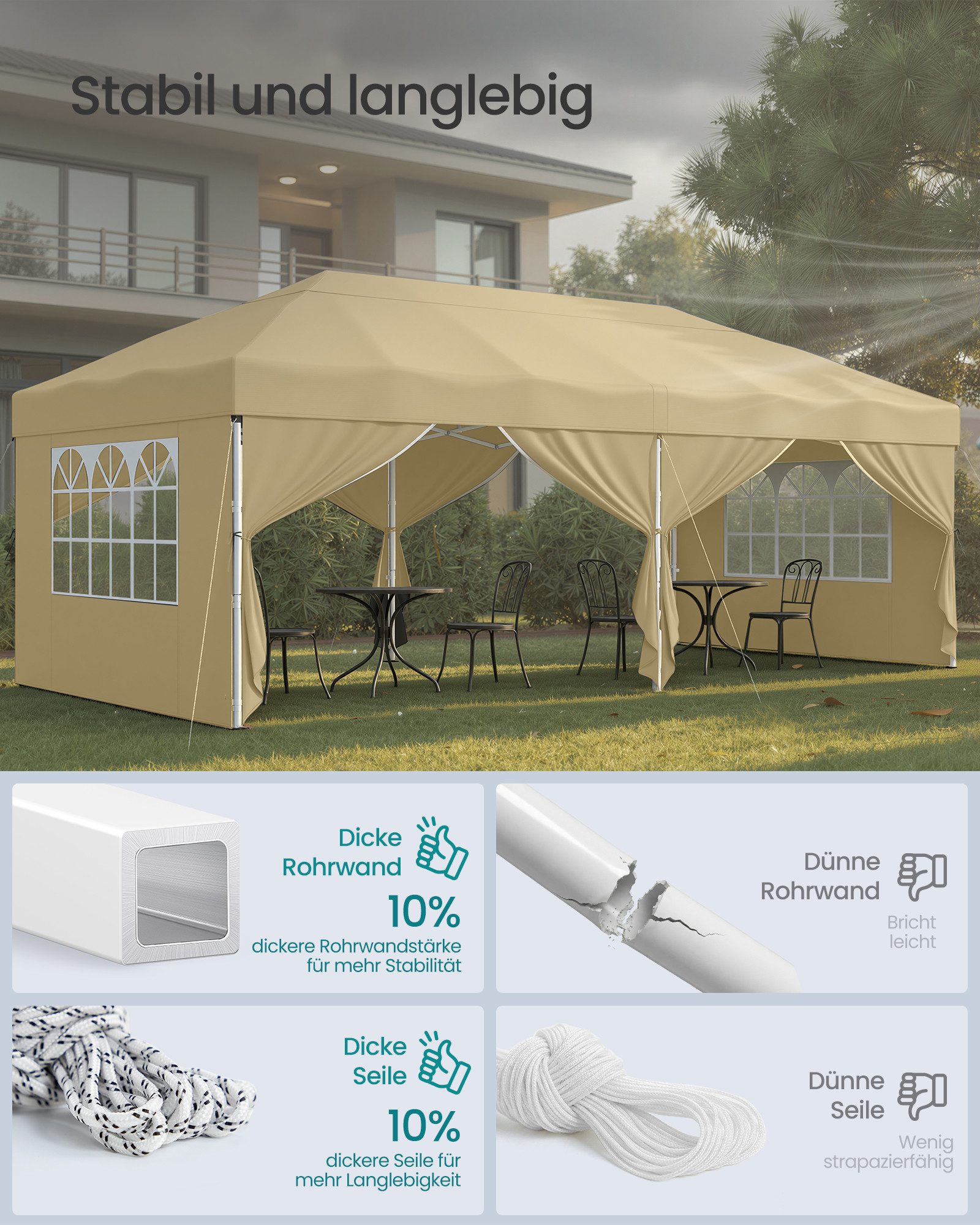 SONGMICS Pavillon 3m/6m x 3m Pavillon mit 4 Seitenteilen,für Garten, mit 4 Seitenteilen, Faltzelt Seitenwänden, stabil, tragbar, Hof, Markt, Sonnenschutz