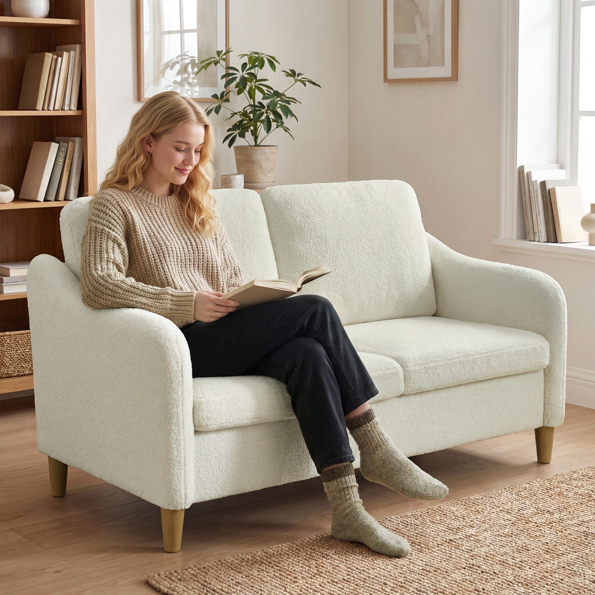 HOMCOM kleine Couch mit Wurfkissen, Sherpa-Fleece-Optik, Couch 1 Teile, für Wohnzimmer, Schlafzimmer, Cremeweiß