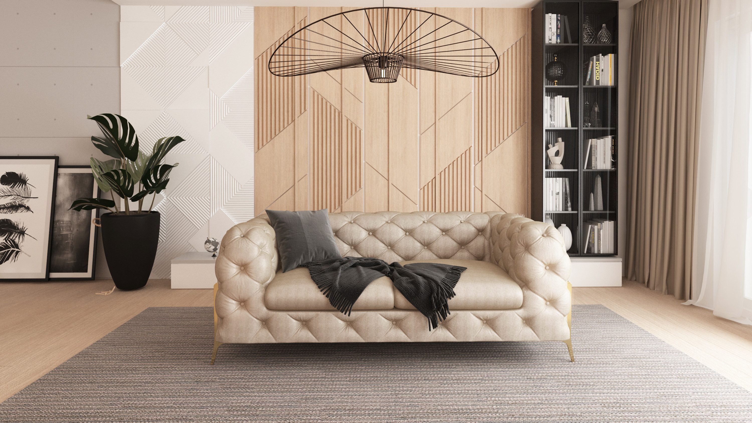 S-Style Möbel Chesterfield-Sofa 2-Sitzer Jersey mit Goldenen Metall Füßen, 2-Sitzer Sofa, Mit Wellenfederung