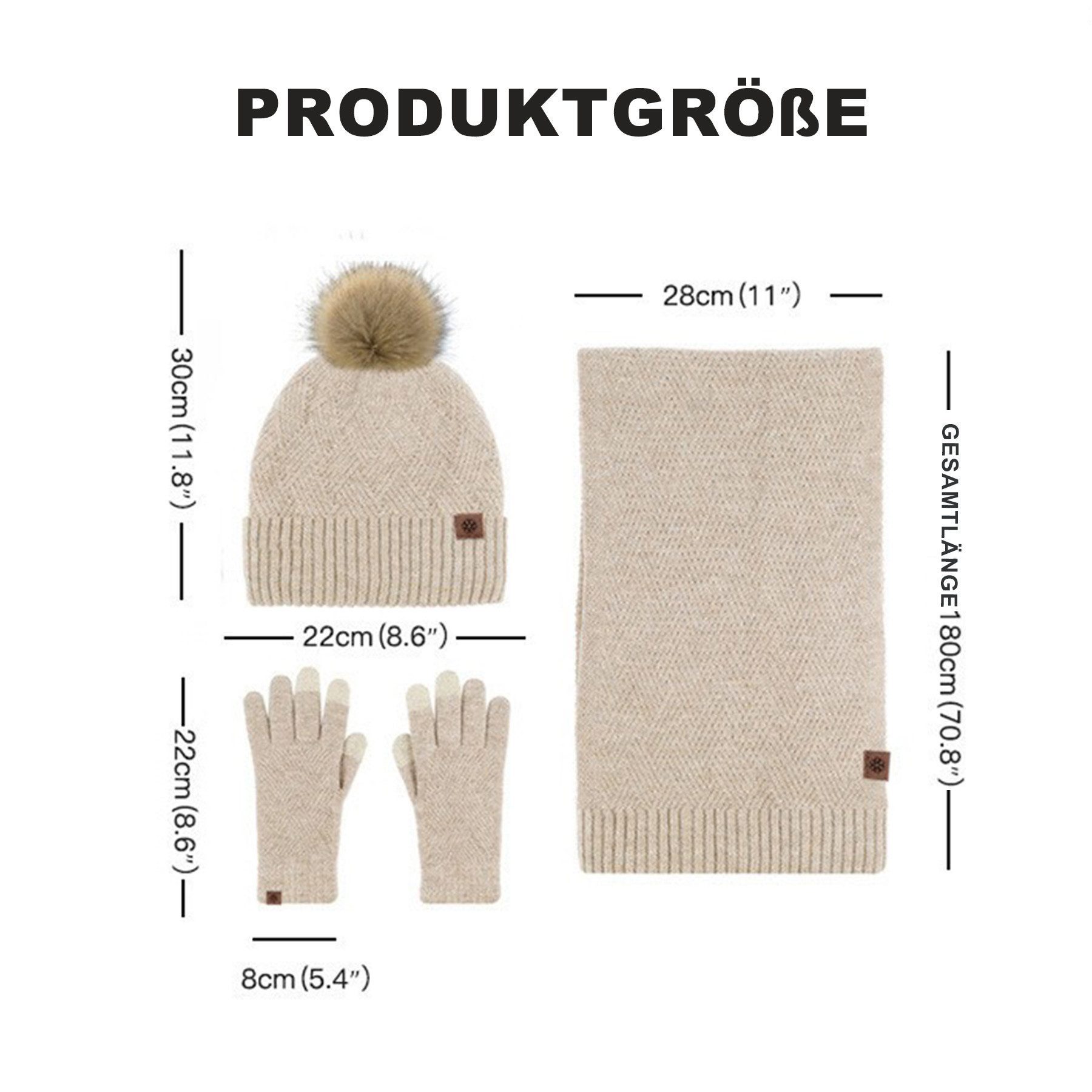 Mutig Mütze & Schal Mütze Schal Handschuh 3-Set,Gestrickte Touchscreen-Handschuhe (Winter Weich Warm,Warmes Strick-Set mit Futter,Damen Unisex, Hergestellt aus weichen Wolle,Winter Geschenk-Mehrfarbig) Geschenk zu Weihnachten, Erntedank oder Neujahr
