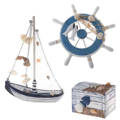 Flanacom Badaccessoires-Sets Maritime Badezimmer Deko - Holz Decor Accessoires, 3er Set, Steuerrad, Segel-Schiff und Schatztruhe