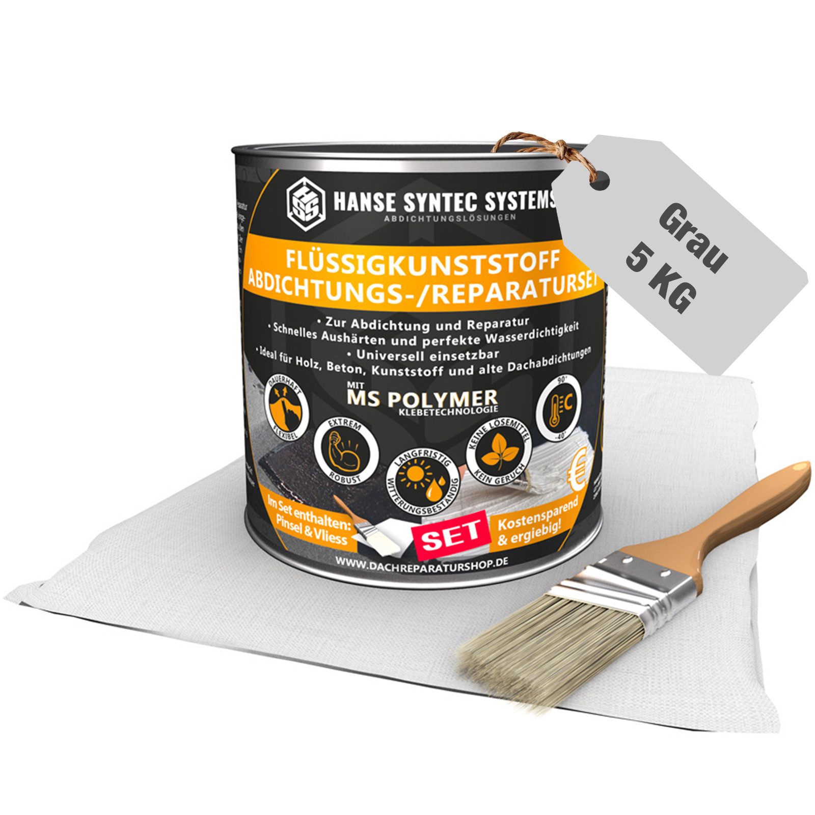 Hanse Syntec Systems Dachbahn Flüssigkunststoff für Abdichtung & Reparatur - Dach & Bauwerk, 5KG inkl. Pinsel und Vlies, geeignet für alle Untergründe außer Silikon, frischen Bitumen/Asphalt