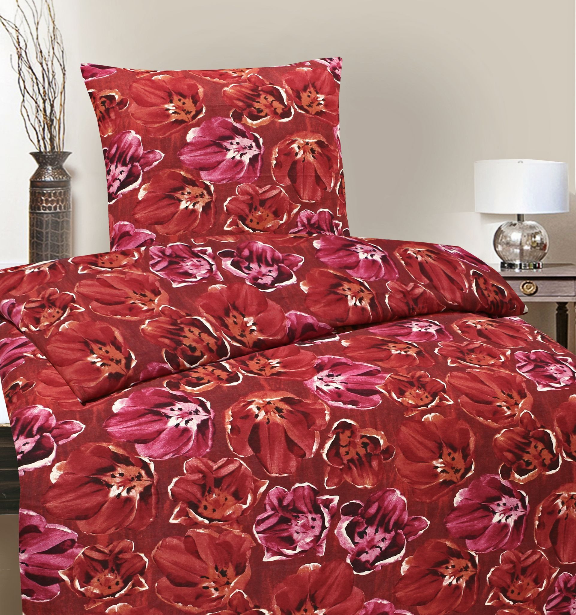 JACK Bettwäsche 135x200cm Blume Rot Pink, Biber, 2 teilig, tolles dezent Blumendesign mit Reißverschluss