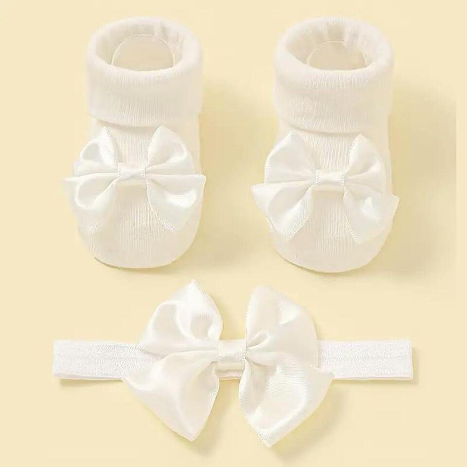 Matissa & Dad Neugeborenen-Geschenkset Süßes Baby Mädchen Stirnband und Socken Geschenkset für Neugeborenen (Set, 1x Stirnband, 1x Socken) weiß