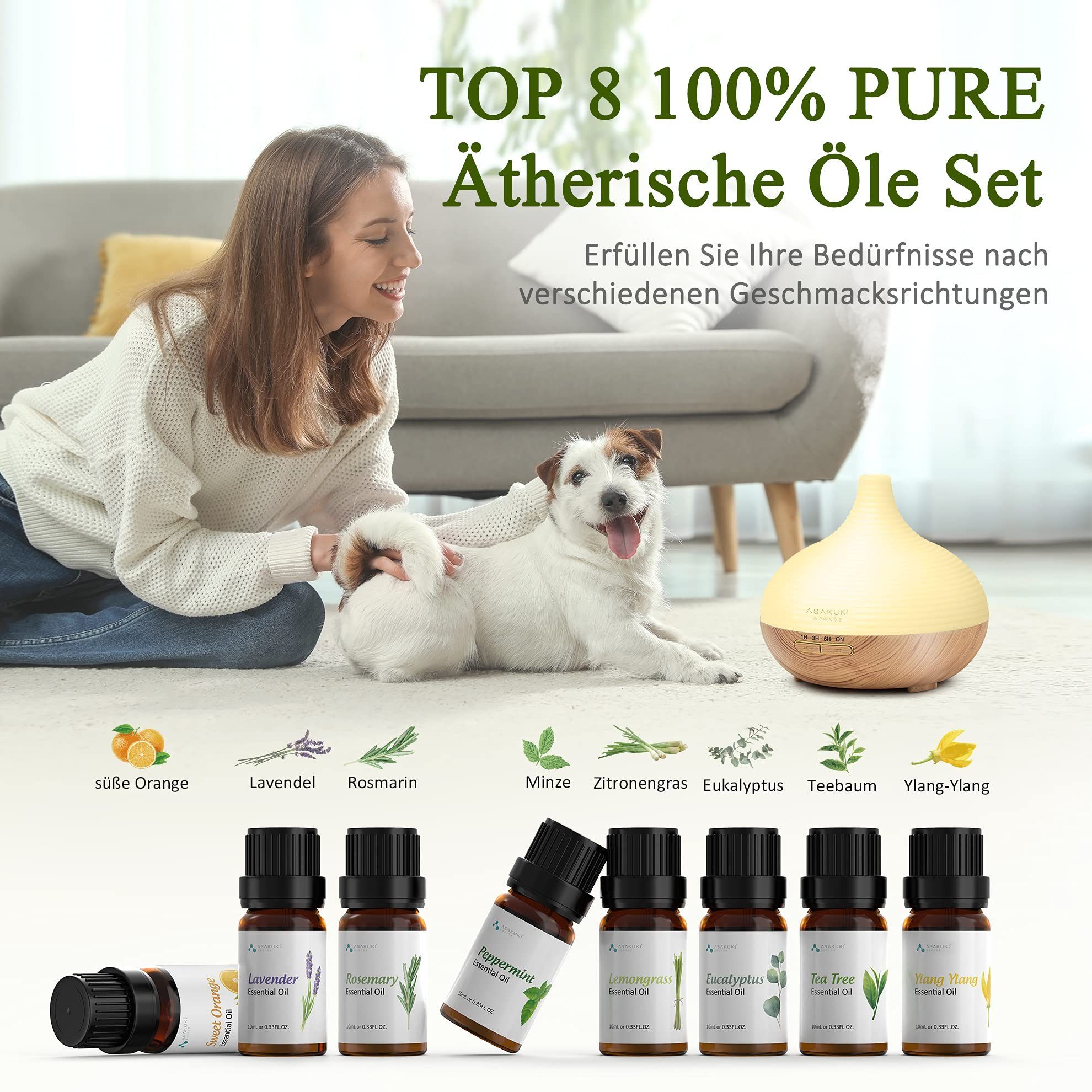 Asakuki Diffuser ASAKUKI Aroma Diffuser 300ml Ultraschall Luftbefeuchter mit 8 Ölen