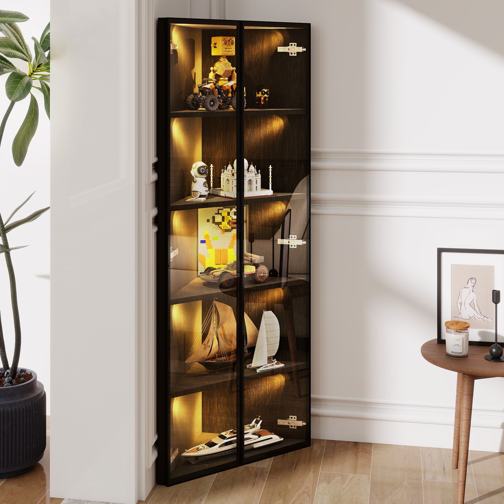 OKWISH Vitrine Regal 62x35x160 cm mit LED-Beleuchtung und Soft-Close-Türen günstig online kaufen