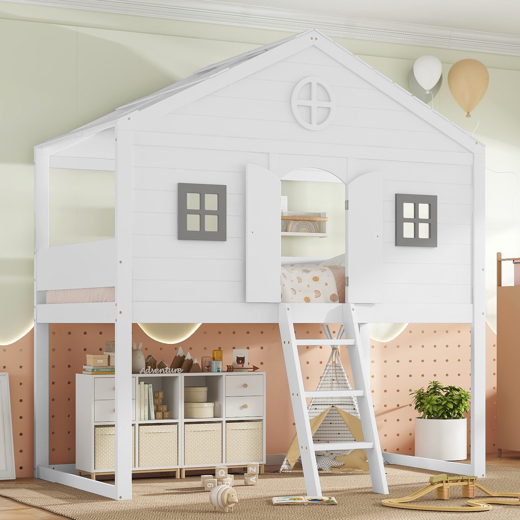 TavilaEcon Etagenbett Hausbett mit Treppe, Fallschutz, Gitter und zwei grau günstig online kaufen