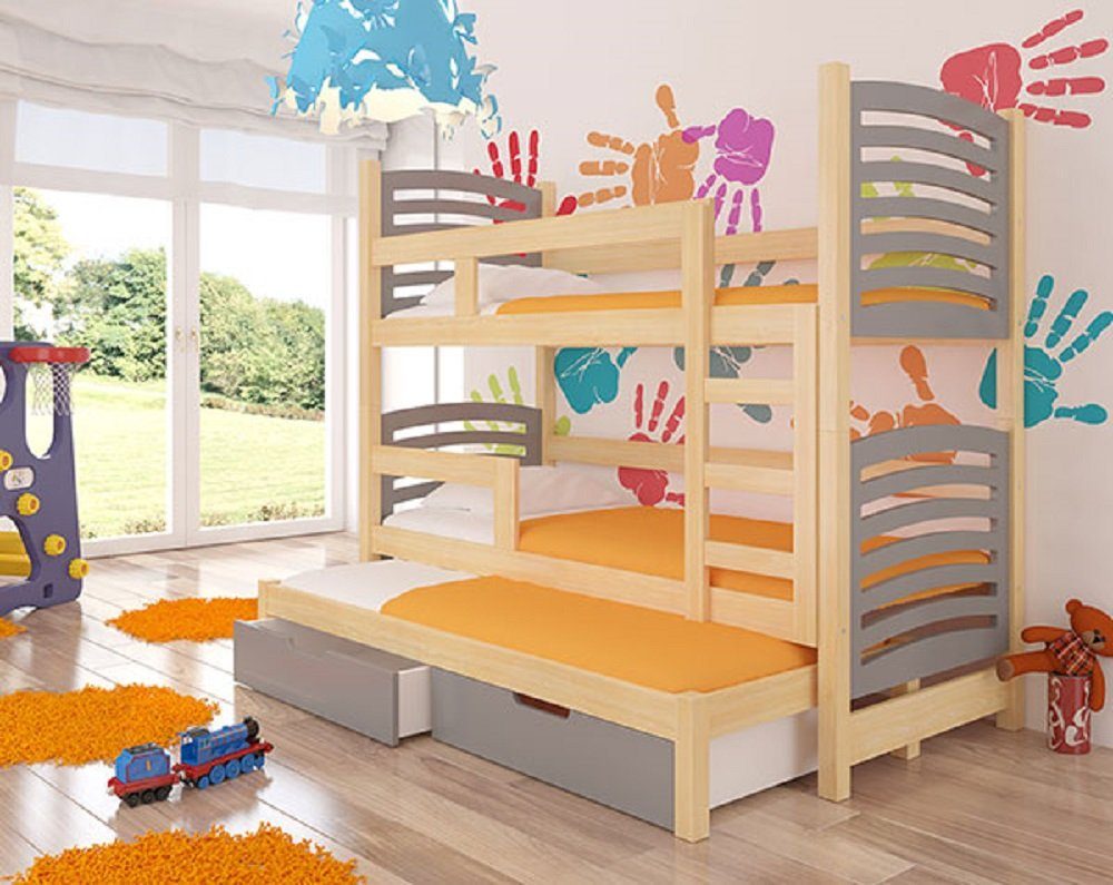 Feldmann-Wohnen Hochbett SORIA (Etagenbett mit 3 Schlafgelegenheiten) Farbe wählbar Kiefer Natur / Absetzungen: grau