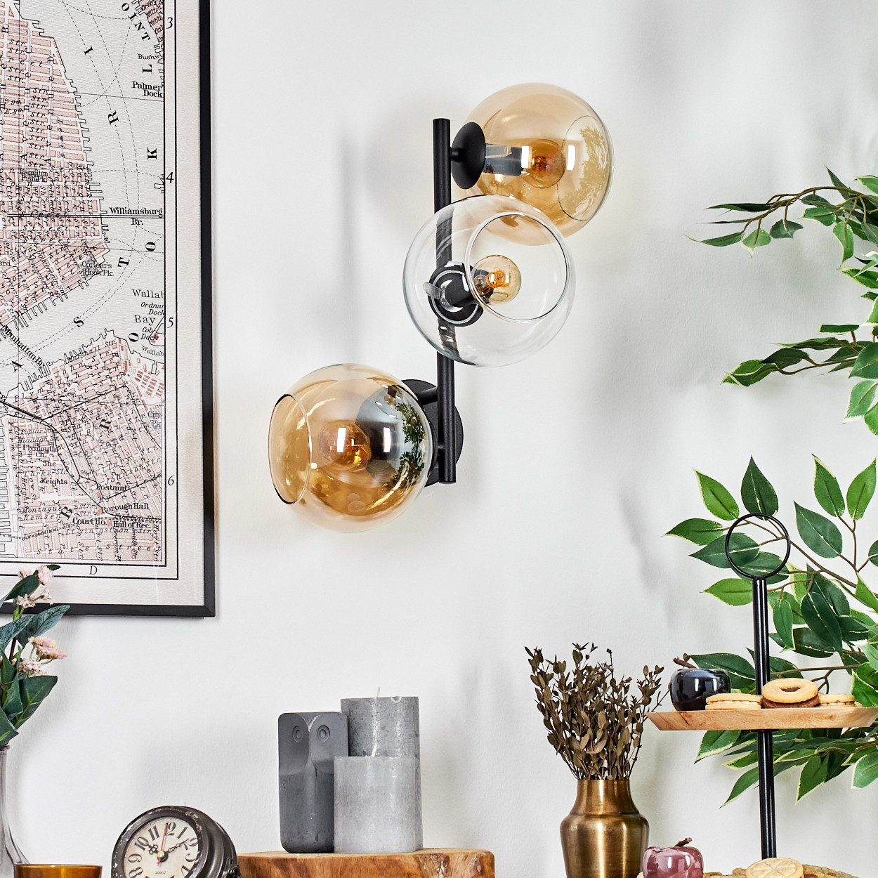 hofstein Wandleuchte Wandlampe aus Metall/Glas in Schwarz/Bernstein/Klar, moderne Leuchte im Retro/Vintage-Design (Schirme Ø 15 cm), E14