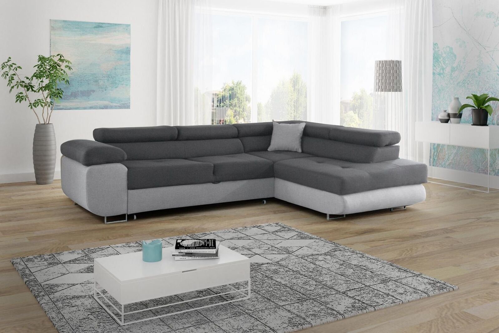 JVmoebel Schlafsofa Möbel Design Sofa Textilpolster Couch Ecksofa Form L Grau Ecksofa,