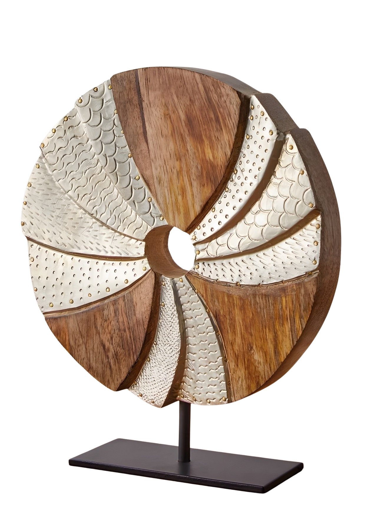 Skulptur "Circle" aus Mangoholz und Aluminium in silber, Ø 24 cm, Dekoobjekt