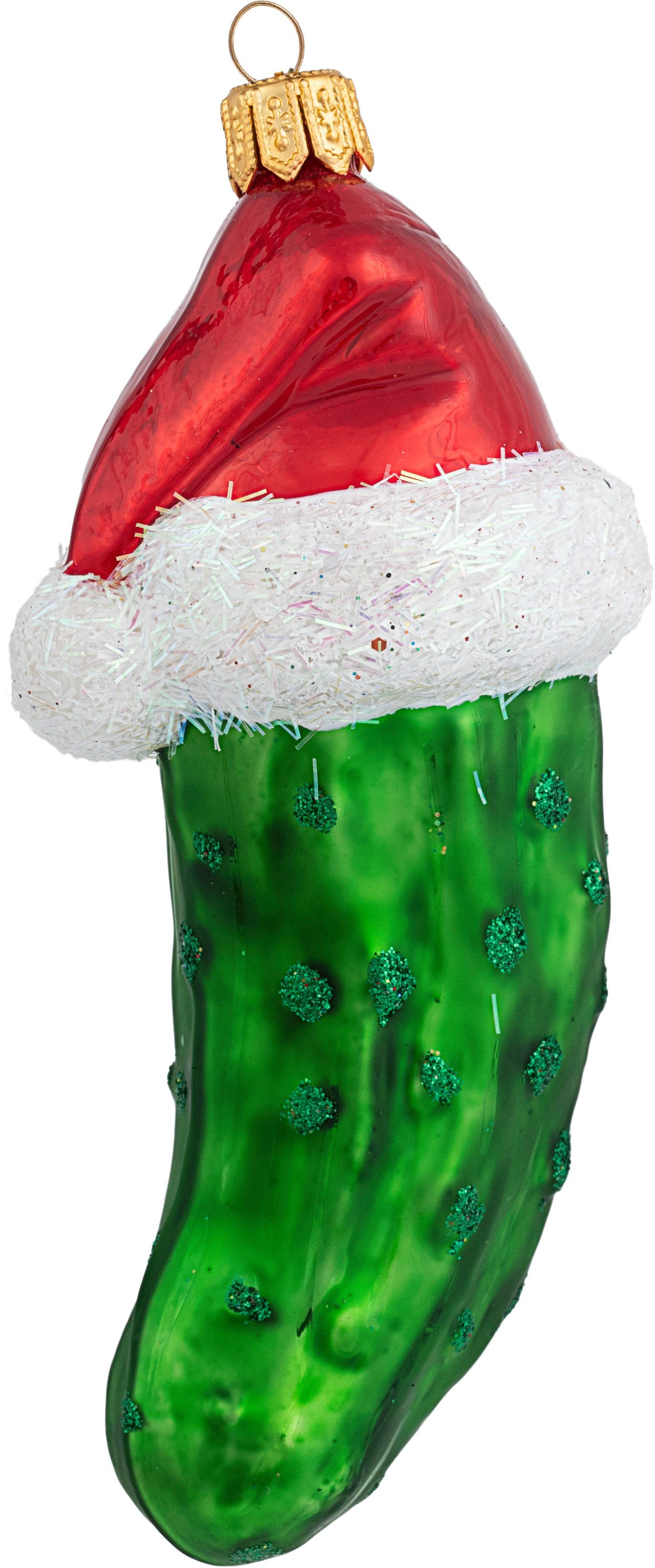 IMPULS Christbaumschmuck, Christbaumschmuck Weihnachtsgurke mit Mütze Glas 10cm grün