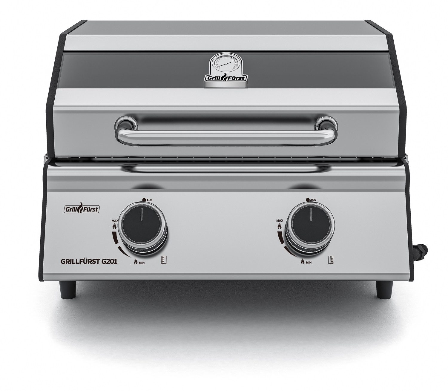 Grillfürst Gasgrill G201E 2-Brenner Balkongrill, bis 350°, geteilte Grillplatte, Tischgrill
