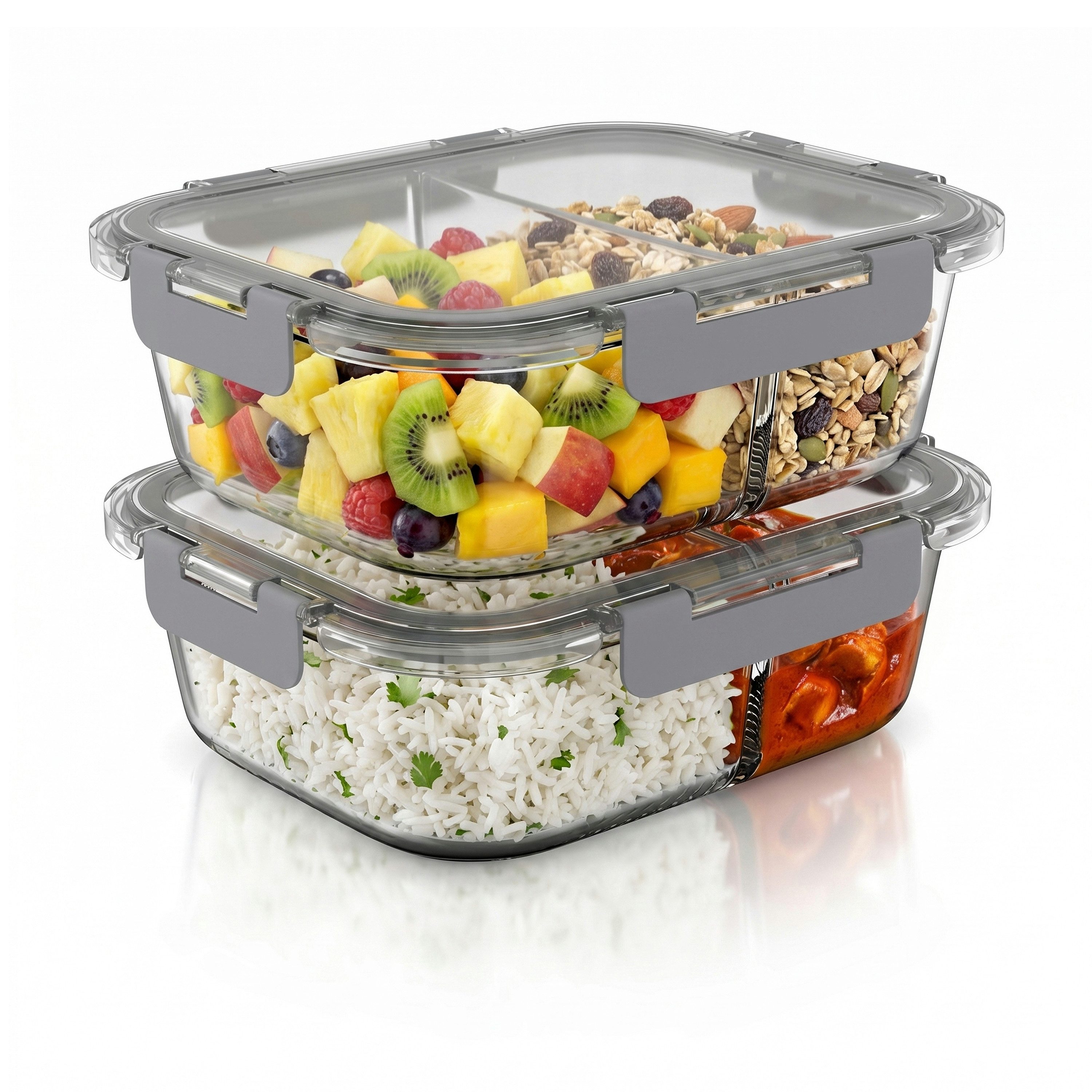Arendo Frischhaltedose 2 Fächer, Deckel, 2er Set Glas Vorratsdosen, Lunchboxen, auslaufsicher, Borosilikatglas, (Set, 2-tlg., mit 2 Fächern), Mikrowellen, Ofen, Gefrier & spülmaschinengeeignet, Bento, Meal Prep