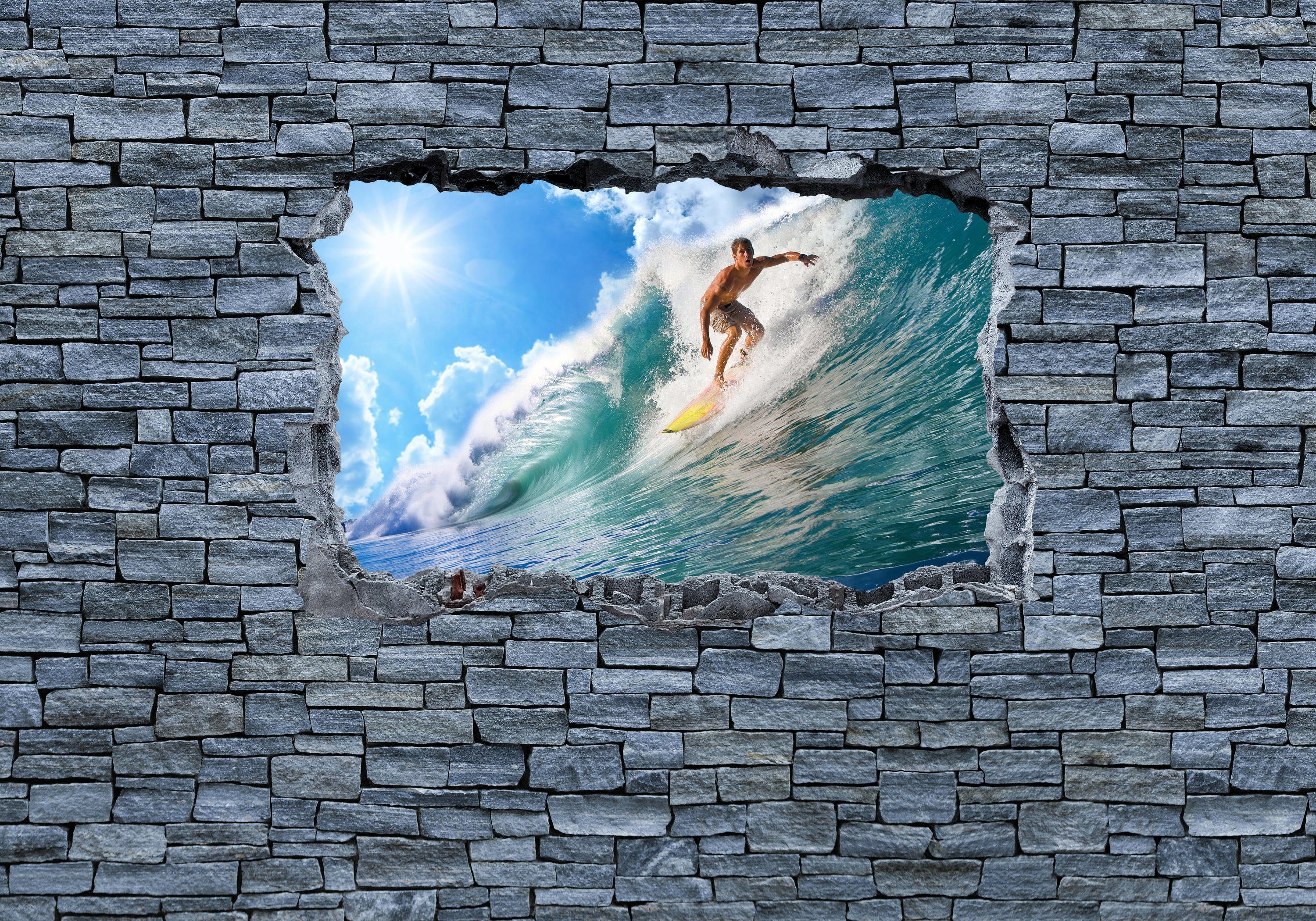 wandmotiv24 Fototapete 3D Surfing- grobe Steinmauer, glatt, Wandtapete, Motivtapete, matt, Vliestapete