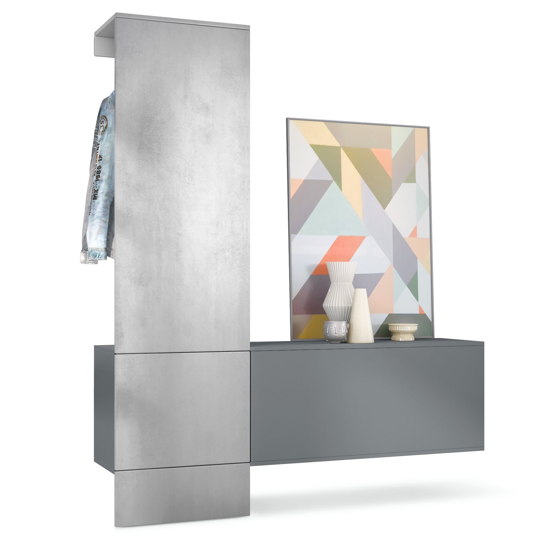 Vladon Garderoben-Set Carlton Set 4, (Wandgarderobe bestehend aus, 1 Paneel und 1 Schrankmodul), Anthrazit matt/Beton Oxid Optik (156,5 x 193 x 35 cm)