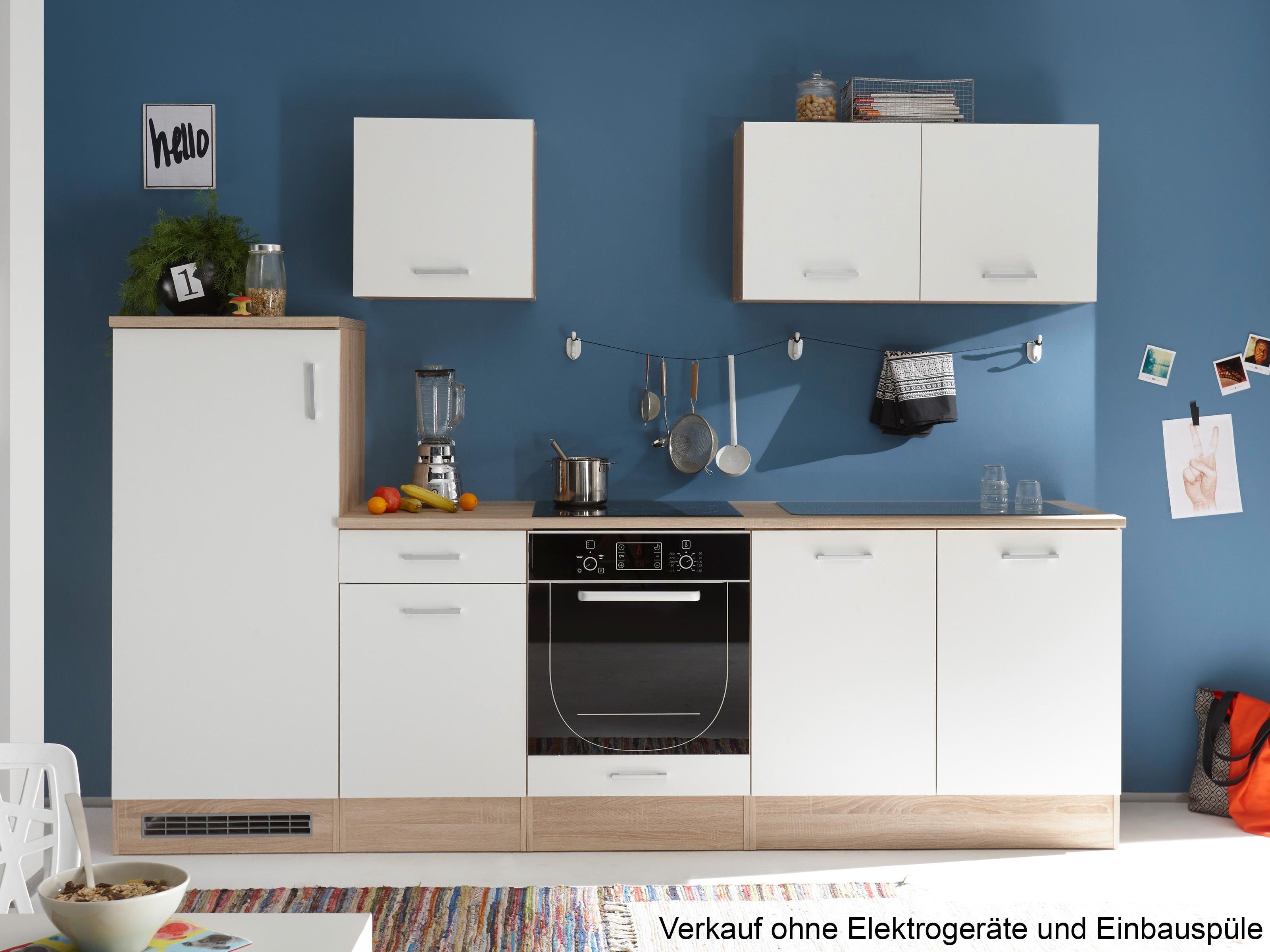 Moderne 1 und in möbelando Nachbildung, Matt Front 270 Hängeschränke. in aus Ailina Herdumbau, Aktenschrank 2 Küchenzeile Spülenunterschrank, Kühlschrankumbau, Spanplatte, Breite 1 Höhe Weiß 195 1 Sonoma-Eiche cm, mit Korpus Unterschrank 1